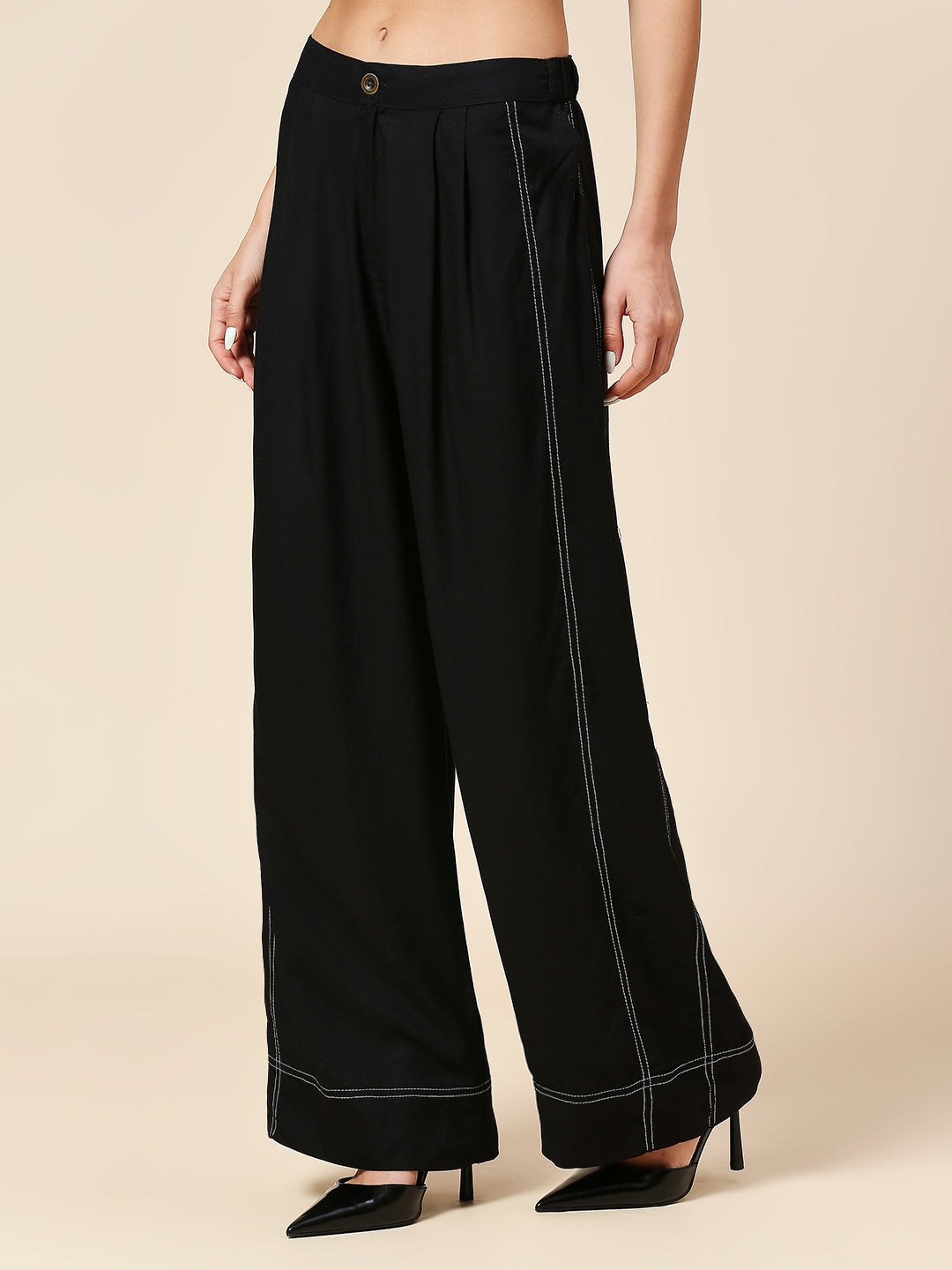 TEXTURED VISCOSE DOBBY PLEATED FLUID PANTS WITH CONTRAST STITCH DETAILING