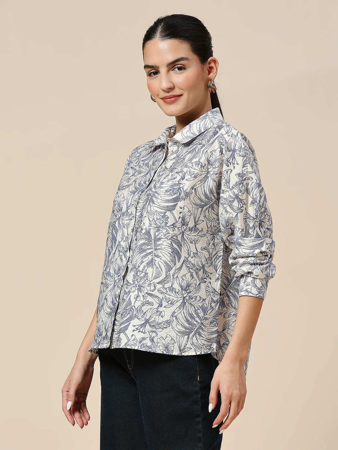 PRINTED CRUSHED VISCOSE POLYAMIDE DROP SHOULDER SHIRT