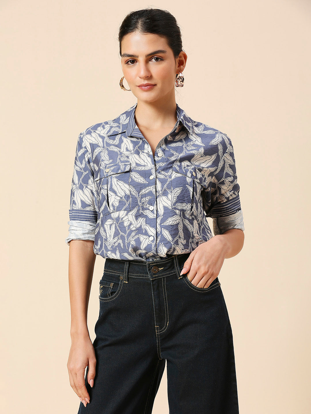 LEAF PRINTED CRUSHED VISCOSE POLYAMIDE SHIRT