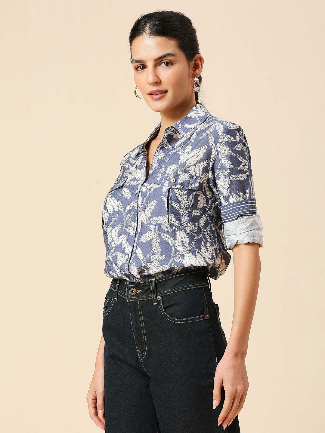 LEAF PRINTED CRUSHED VISCOSE POLYAMIDE SHIRT