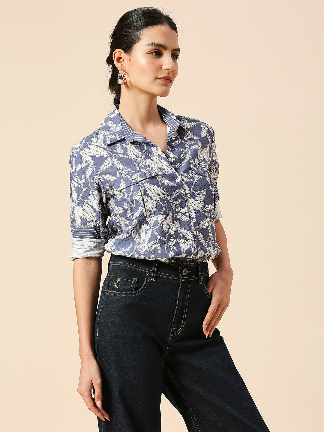 LEAF PRINTED CRUSHED VISCOSE POLYAMIDE SHIRT