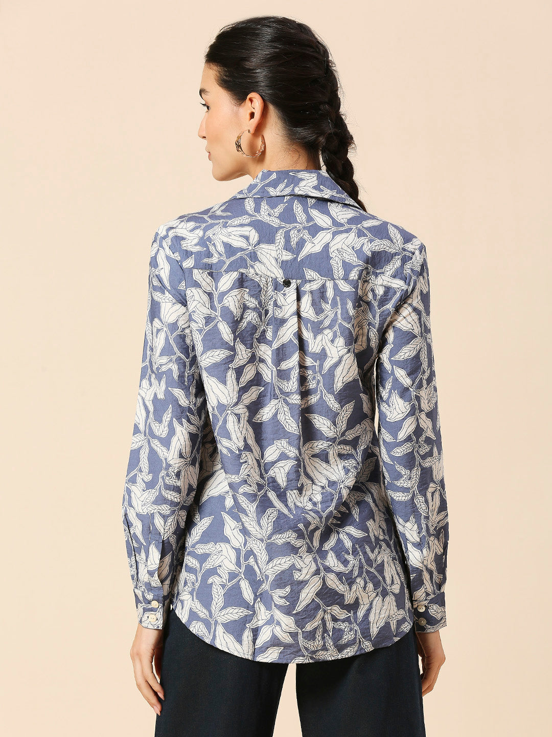 LEAF PRINTED CRUSHED VISCOSE POLYAMIDE SHIRT