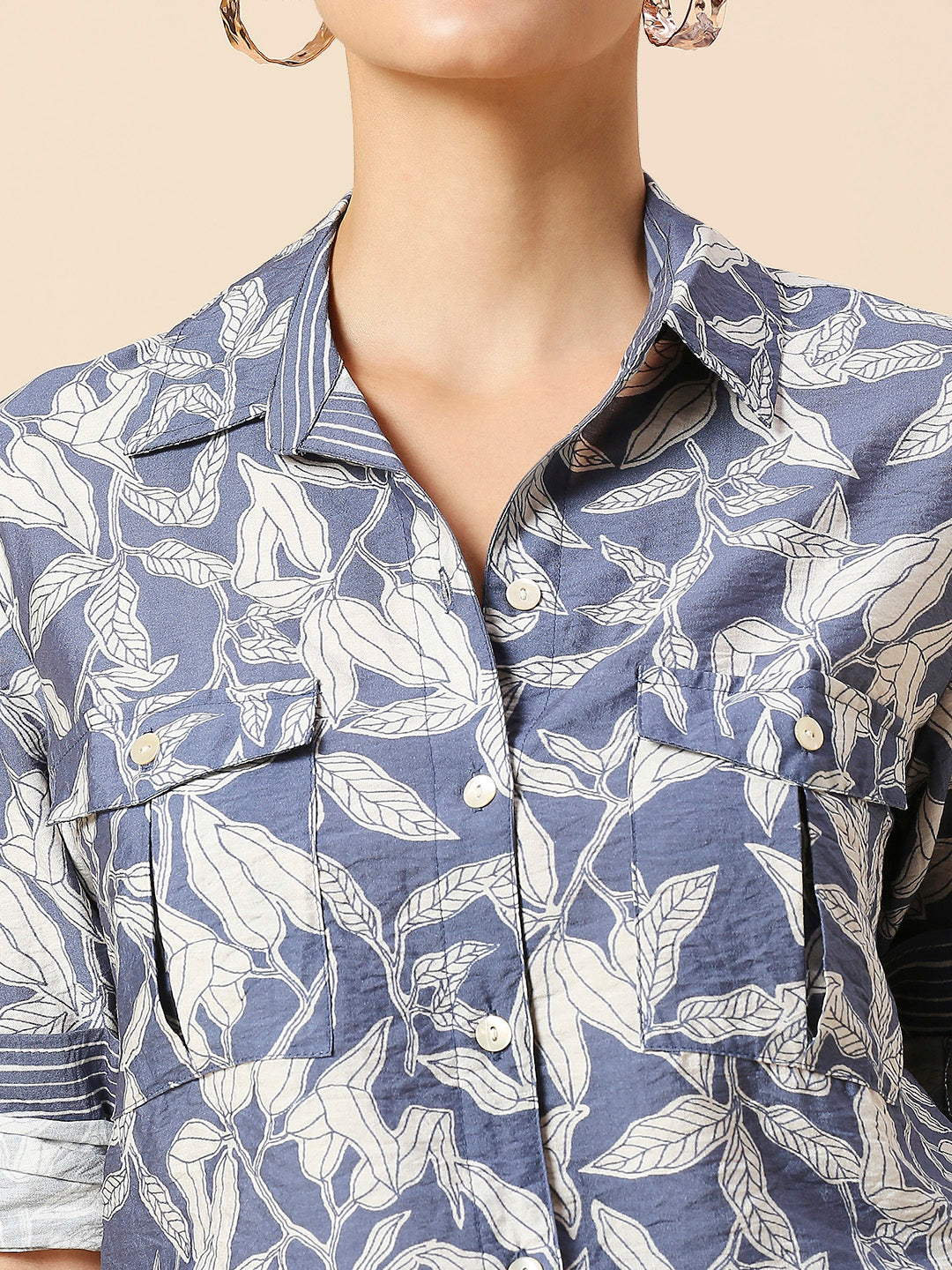 LEAF PRINTED CRUSHED VISCOSE POLYAMIDE SHIRT