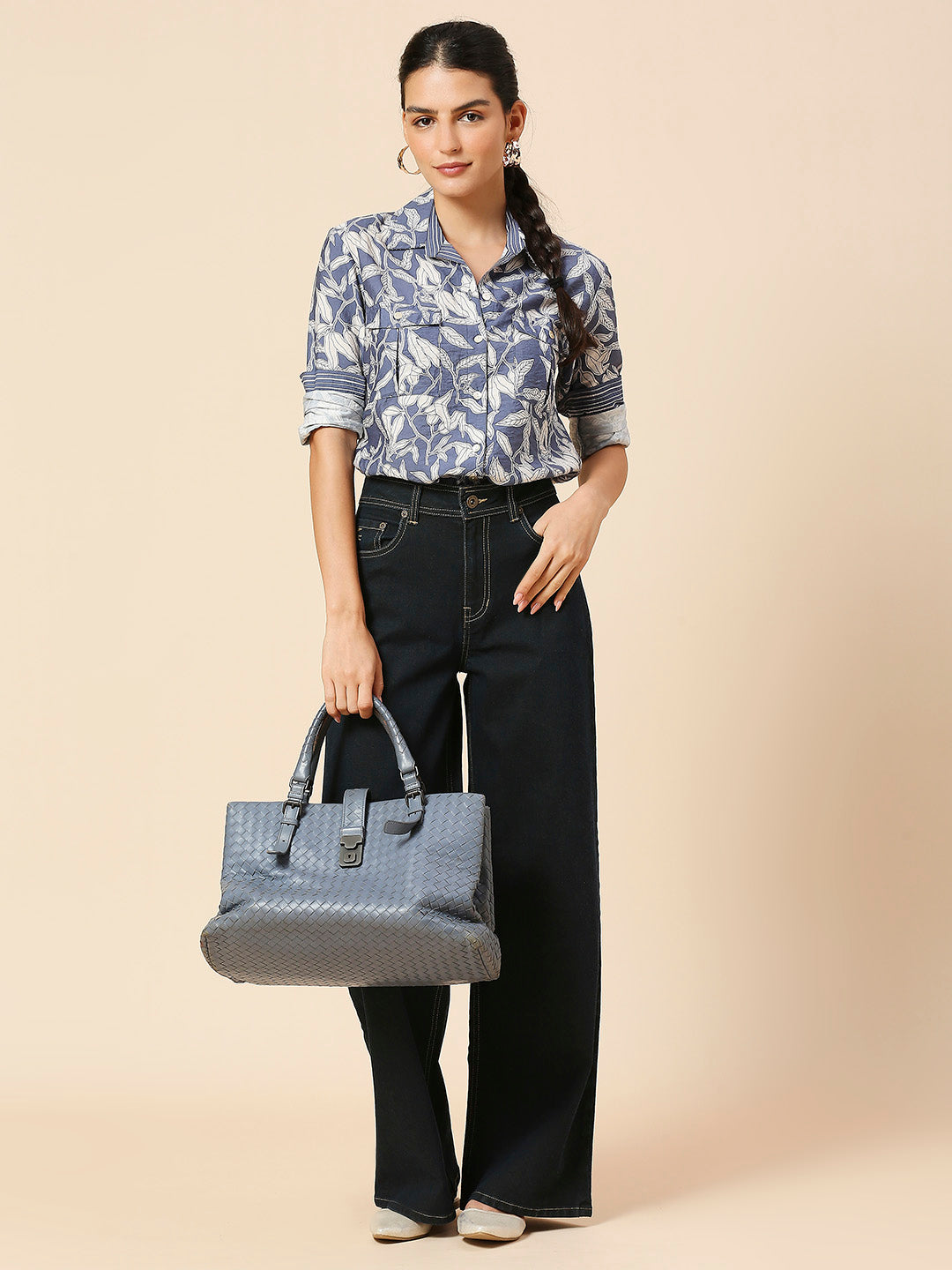 LEAF PRINTED CRUSHED VISCOSE POLYAMIDE SHIRT