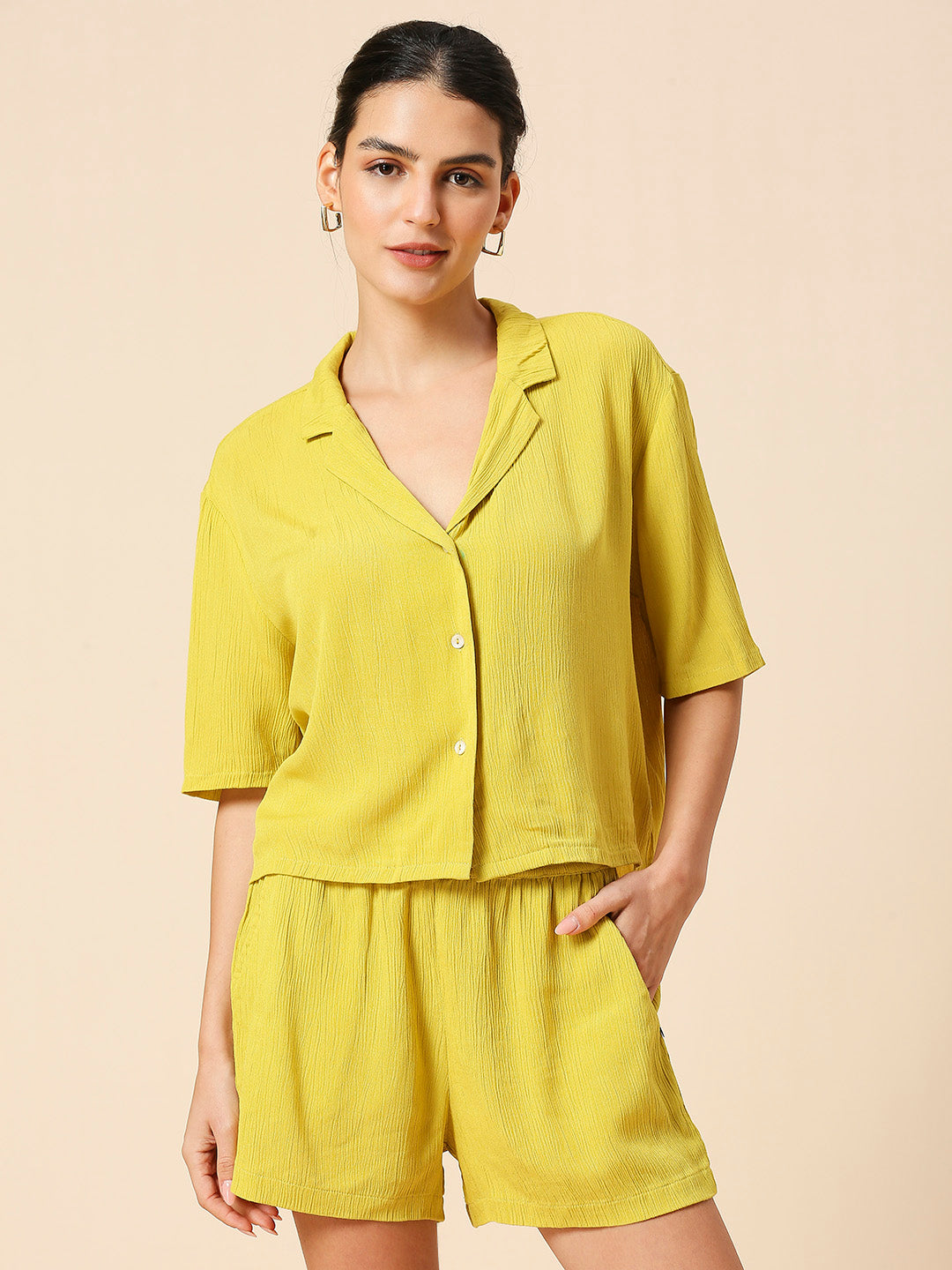 CRINKLE VISCOSE LAPEL COLLAR CROPPED BOX SHIRT & FLUID SHORTS CO - ORD SET