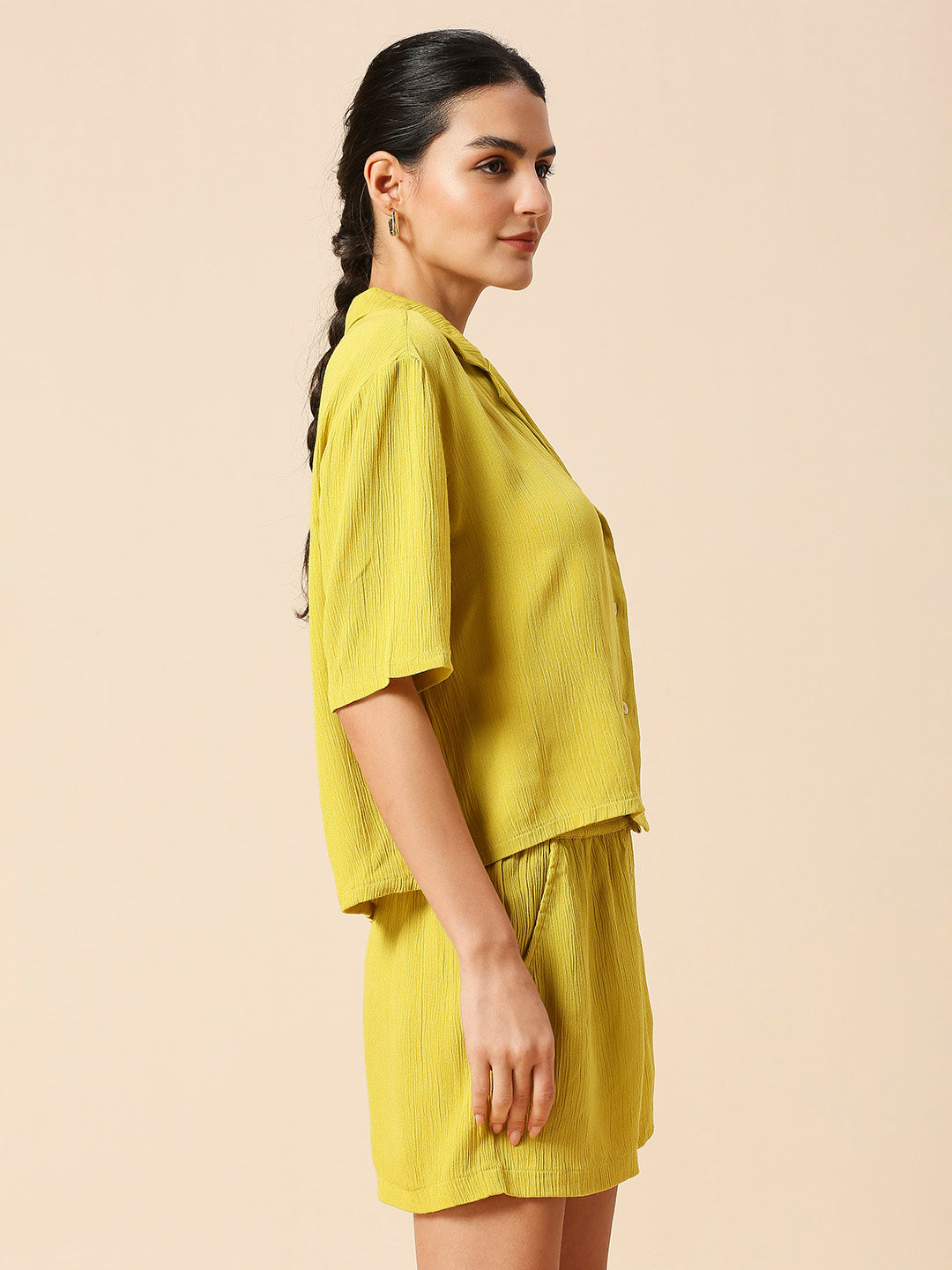CRINKLE VISCOSE LAPEL COLLAR CROPPED BOX SHIRT & FLUID SHORTS CO - ORD SET
