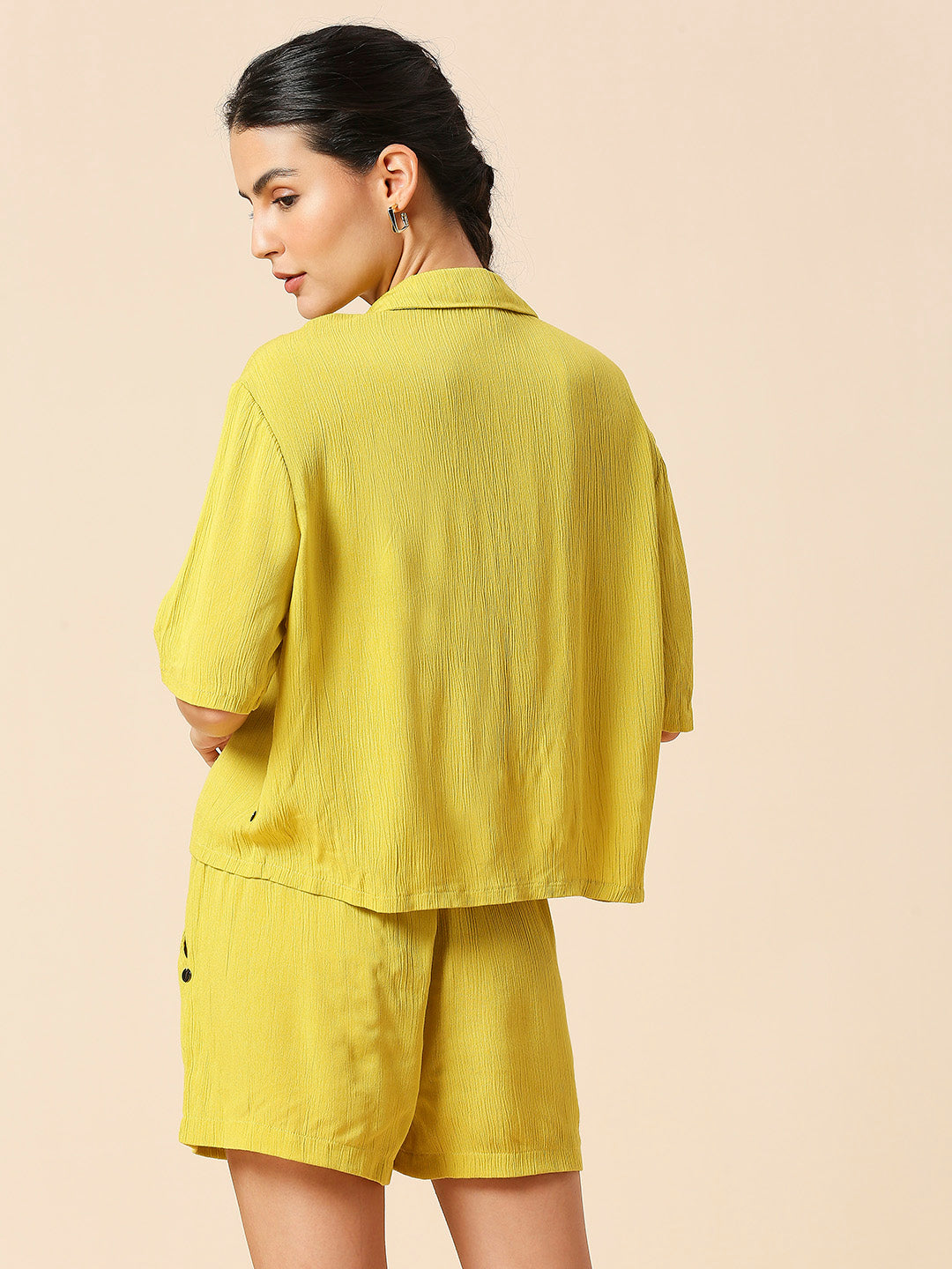 CRINKLE VISCOSE LAPEL COLLAR CROPPED BOX SHIRT & FLUID SHORTS CO - ORD SET