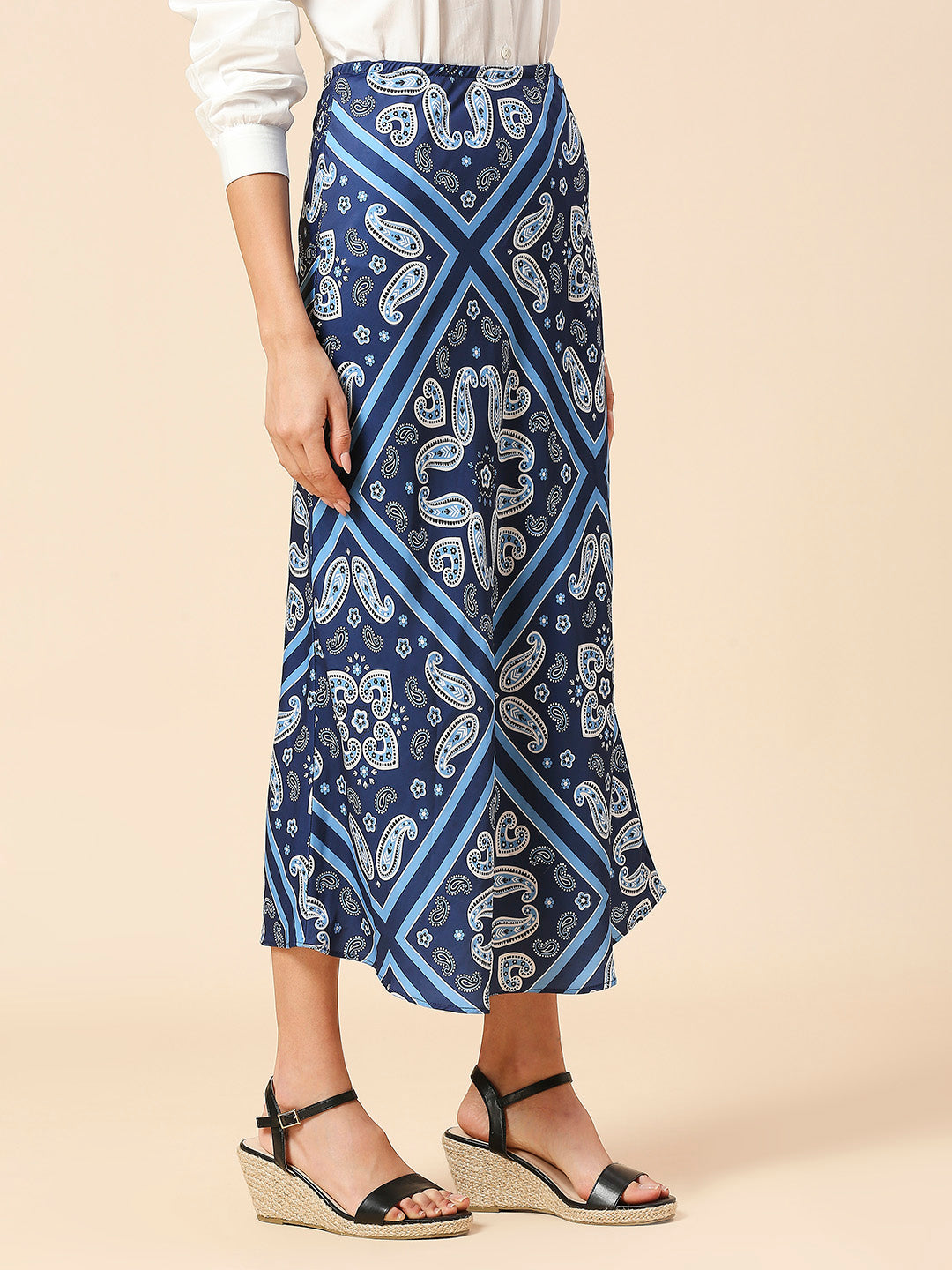 BANDANA PRINTED SATIN BIAS CUT SKIRT