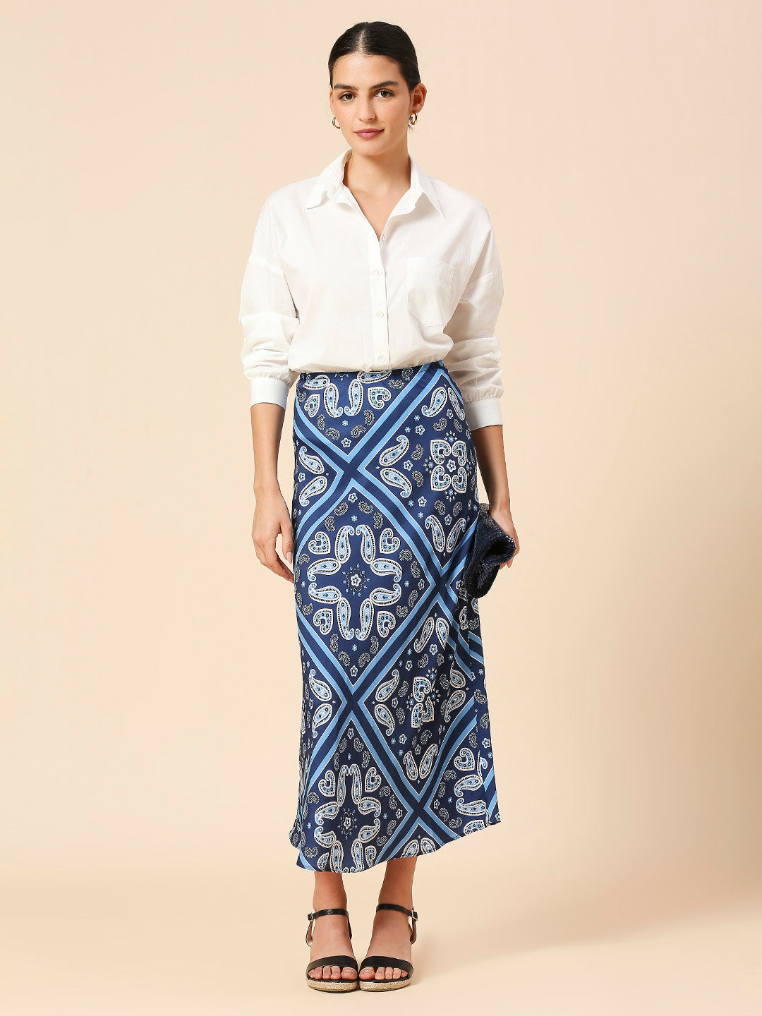 BANDANA PRINTED SATIN BIAS CUT SKIRT