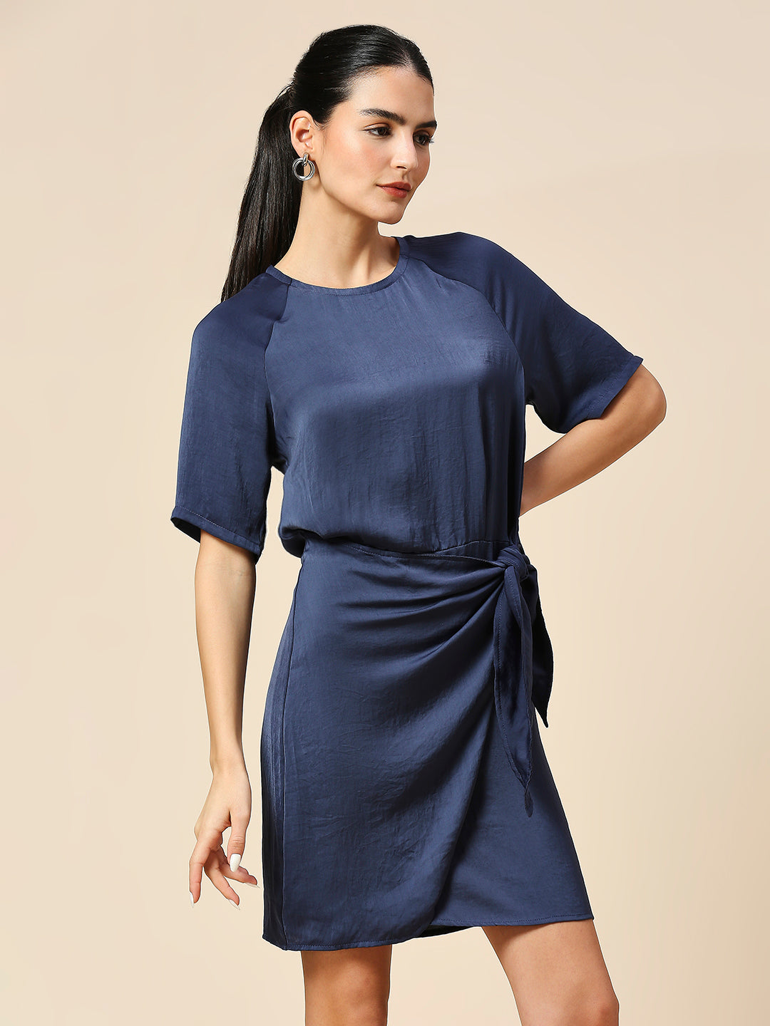 HAMMERED SATIN FAUX WRAP DRESS