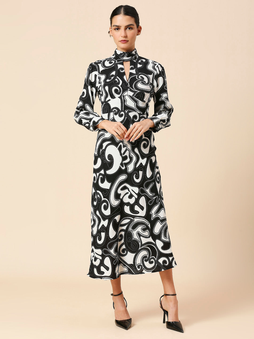 VISOCSE TWILL CREPE GRAPHIC PRINTED HIGH NECK BIAS CUT DRESS