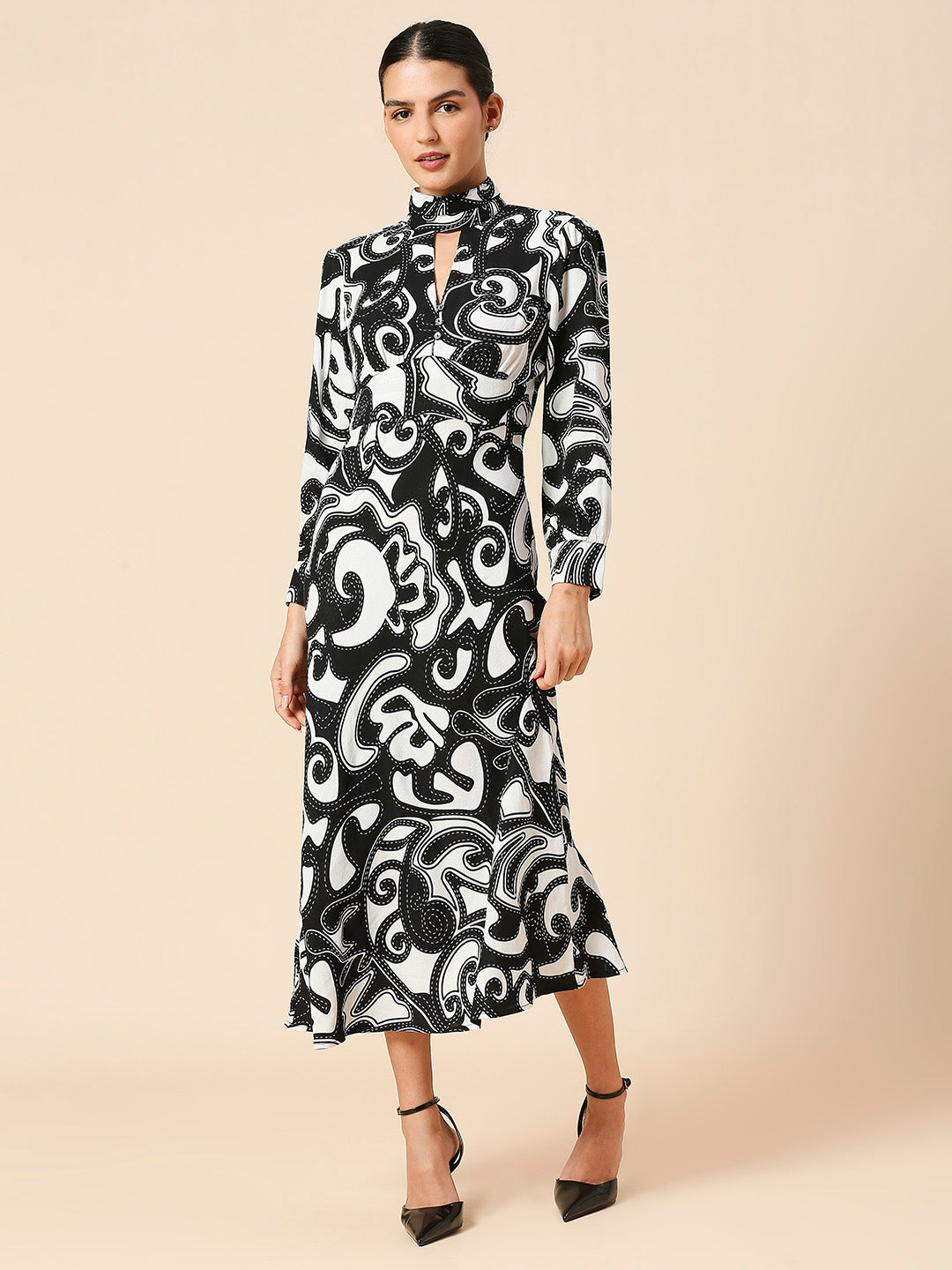 VISOCSE TWILL CREPE GRAPHIC PRINTED HIGH NECK BIAS CUT DRESS