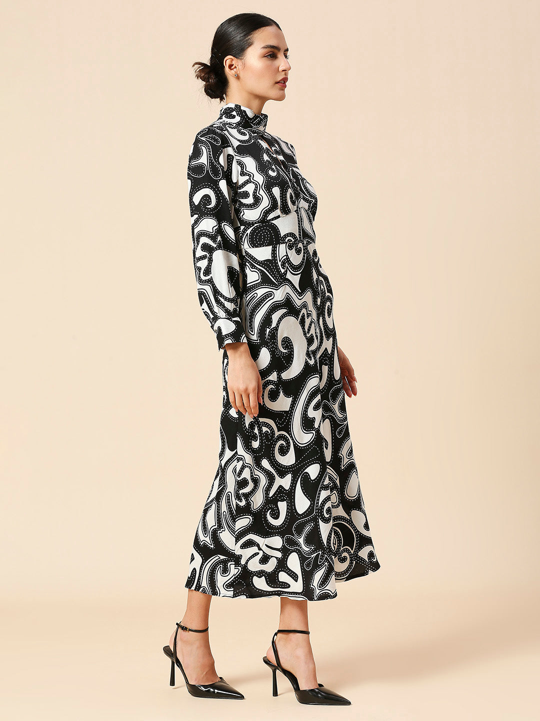 VISOCSE TWILL CREPE GRAPHIC PRINTED HIGH NECK BIAS CUT DRESS