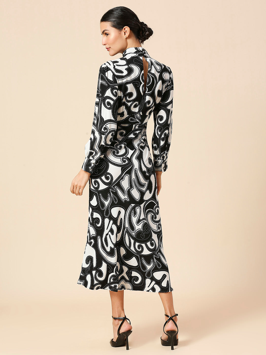 VISOCSE TWILL CREPE GRAPHIC PRINTED HIGH NECK BIAS CUT DRESS