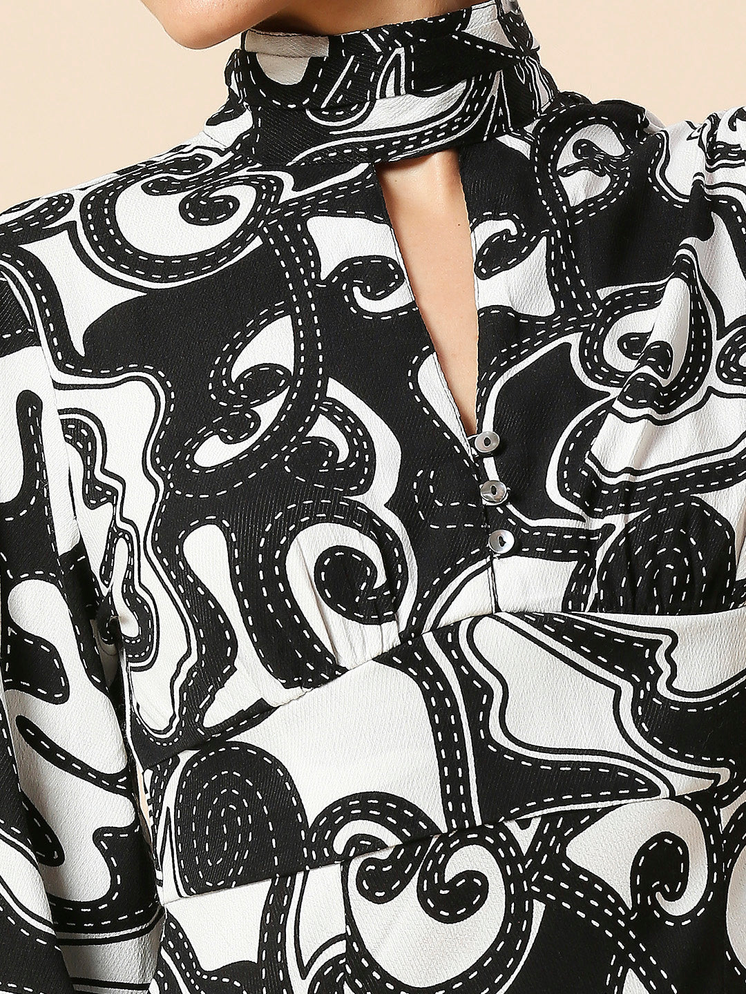 VISOCSE TWILL CREPE GRAPHIC PRINTED HIGH NECK BIAS CUT DRESS