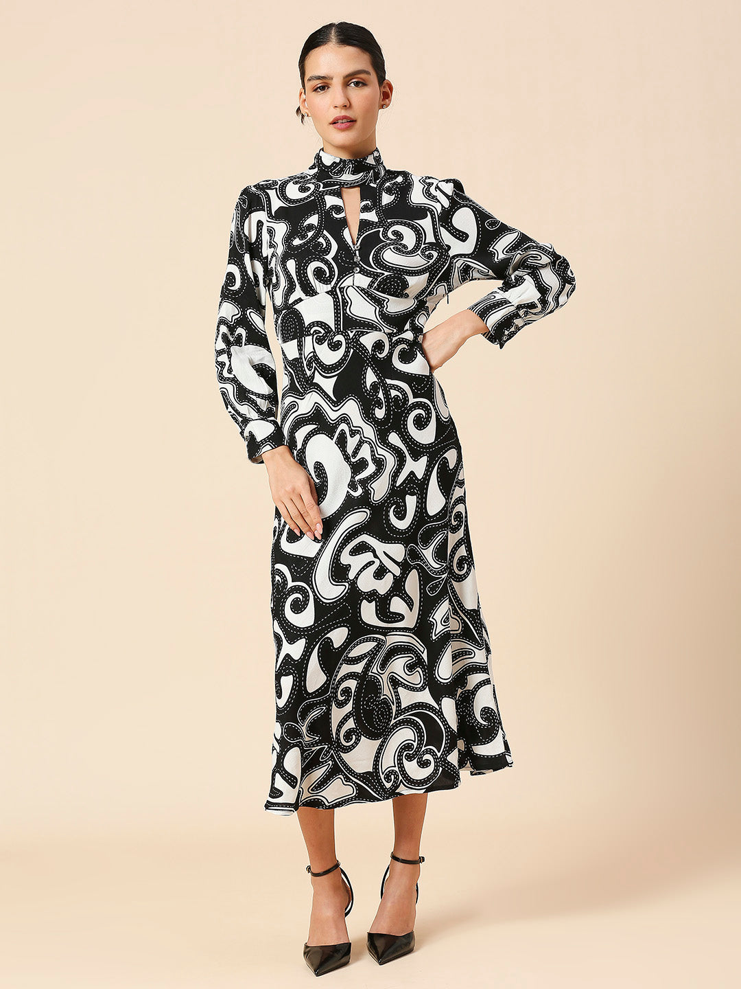 VISOCSE TWILL CREPE GRAPHIC PRINTED HIGH NECK BIAS CUT DRESS