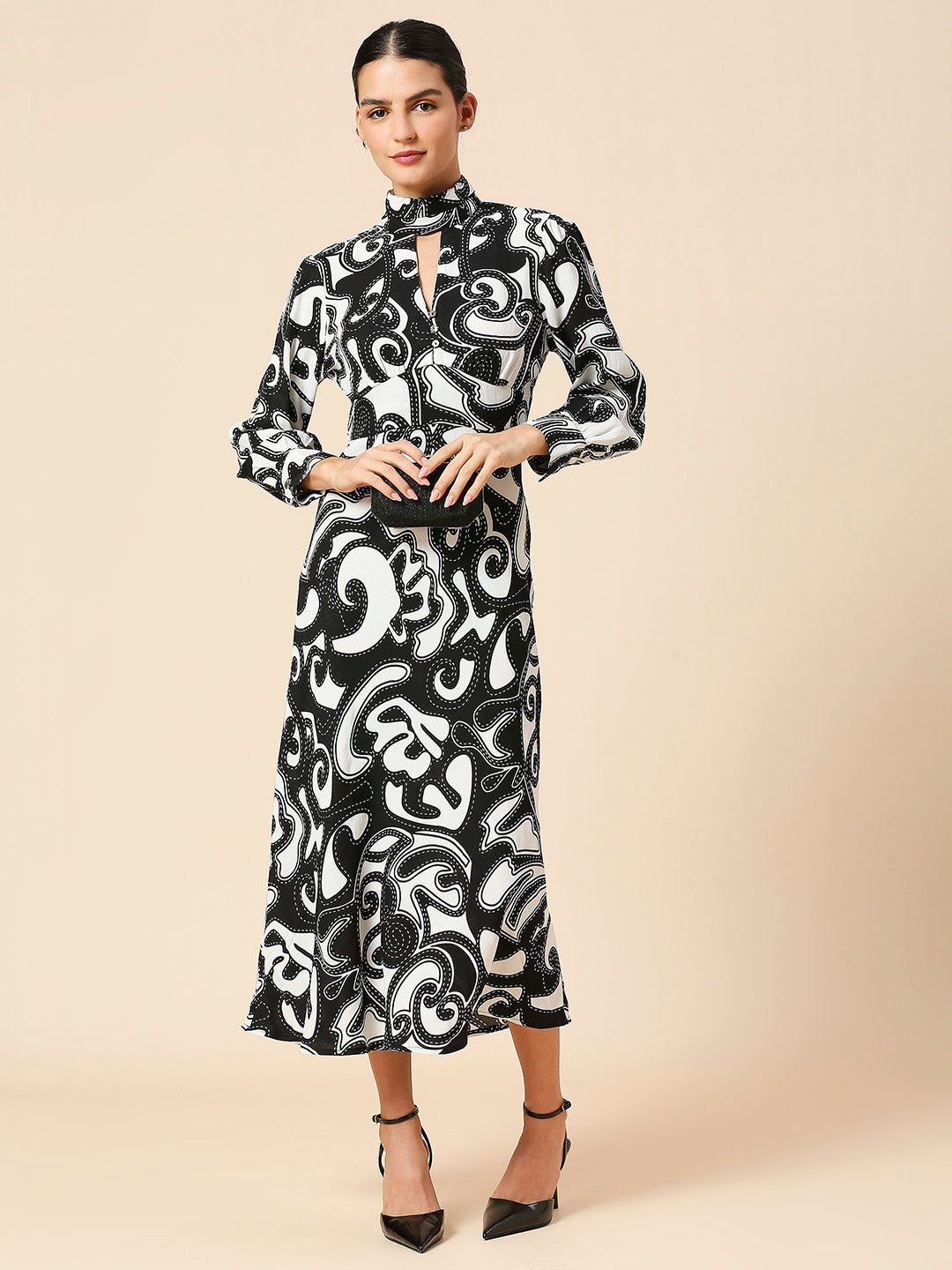 VISOCSE TWILL CREPE GRAPHIC PRINTED HIGH NECK BIAS CUT DRESS
