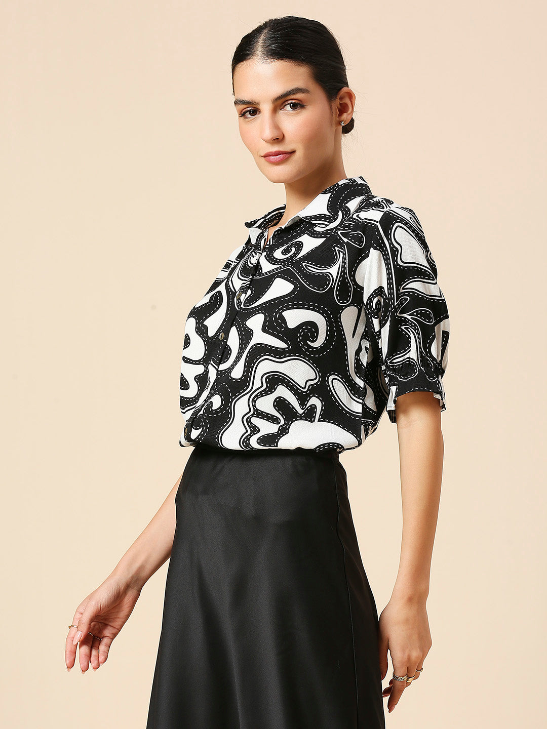 VISCOSE CREPE TWILL GRAPHIC PRINTED PUFF SLEEVE SHIRT