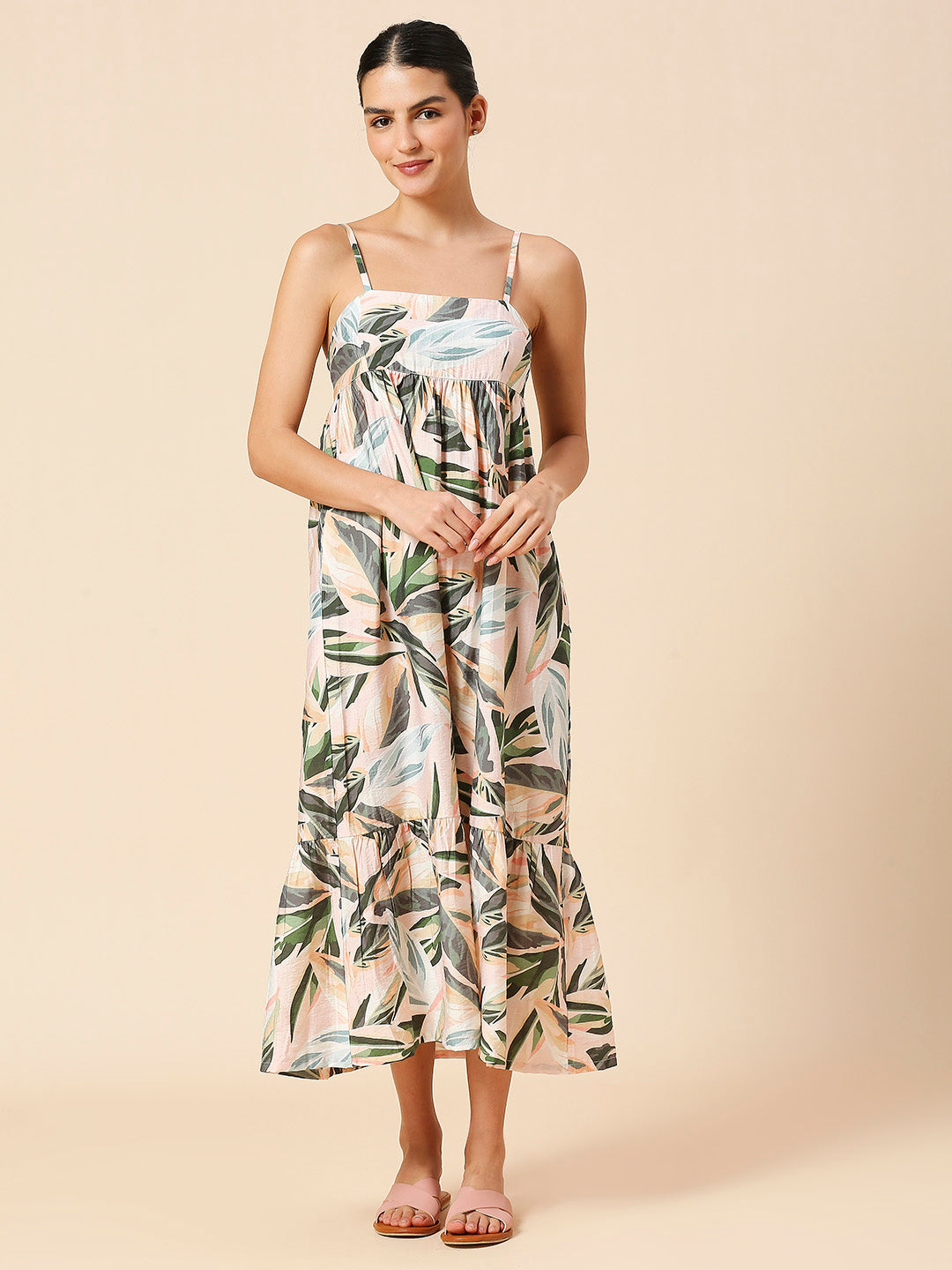 TROPICAL PRINTED CRUSHED VISCOSE POLYAMIDE TIERED SUMMER DRESS