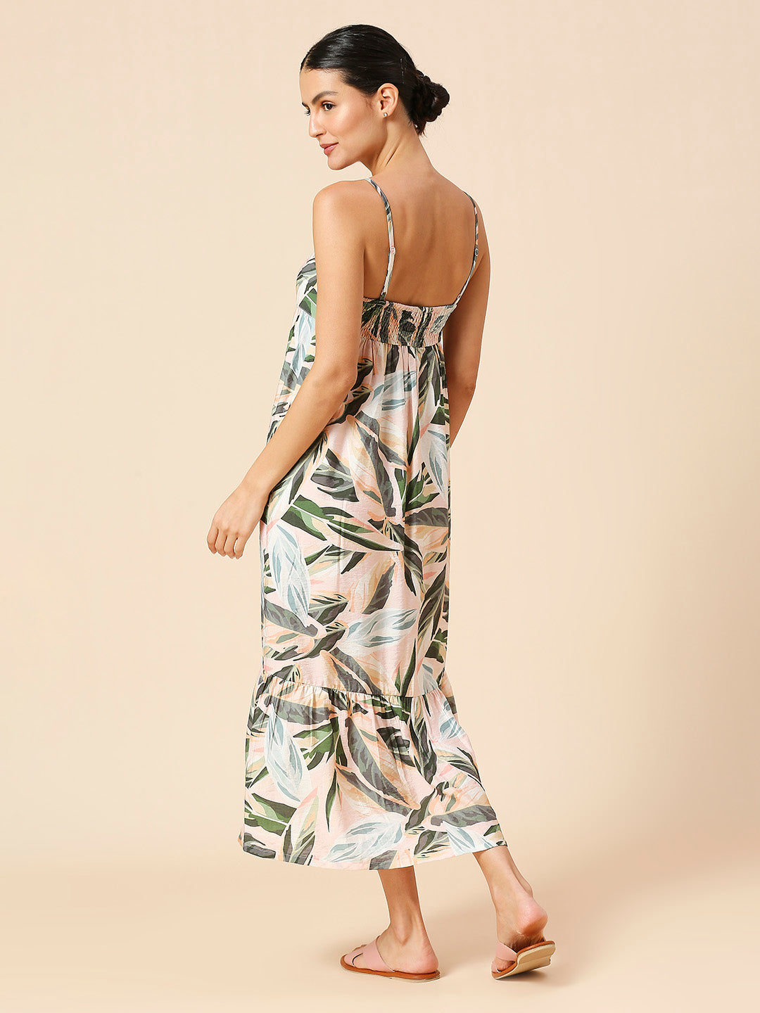 TROPICAL PRINTED CRUSHED VISCOSE POLYAMIDE TIERED SUMMER DRESS