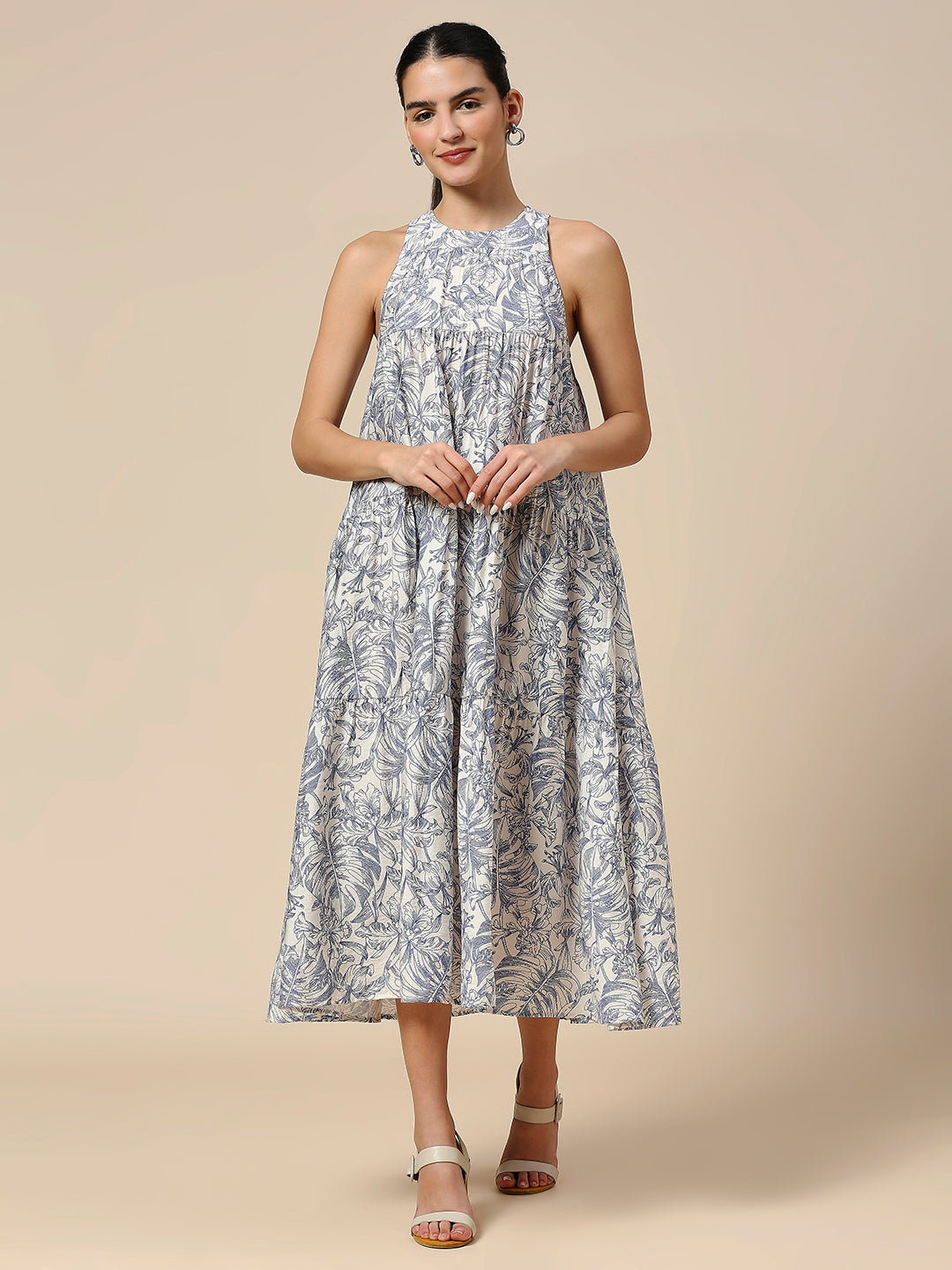 CRUSHED VISCOSE LINE FLORAL PRINTED TIERED DRESS