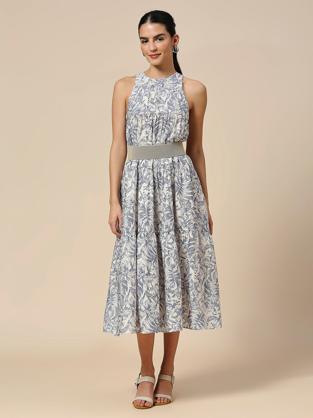 CRUSHED VISCOSE LINE FLORAL PRINTED TIERED DRESS