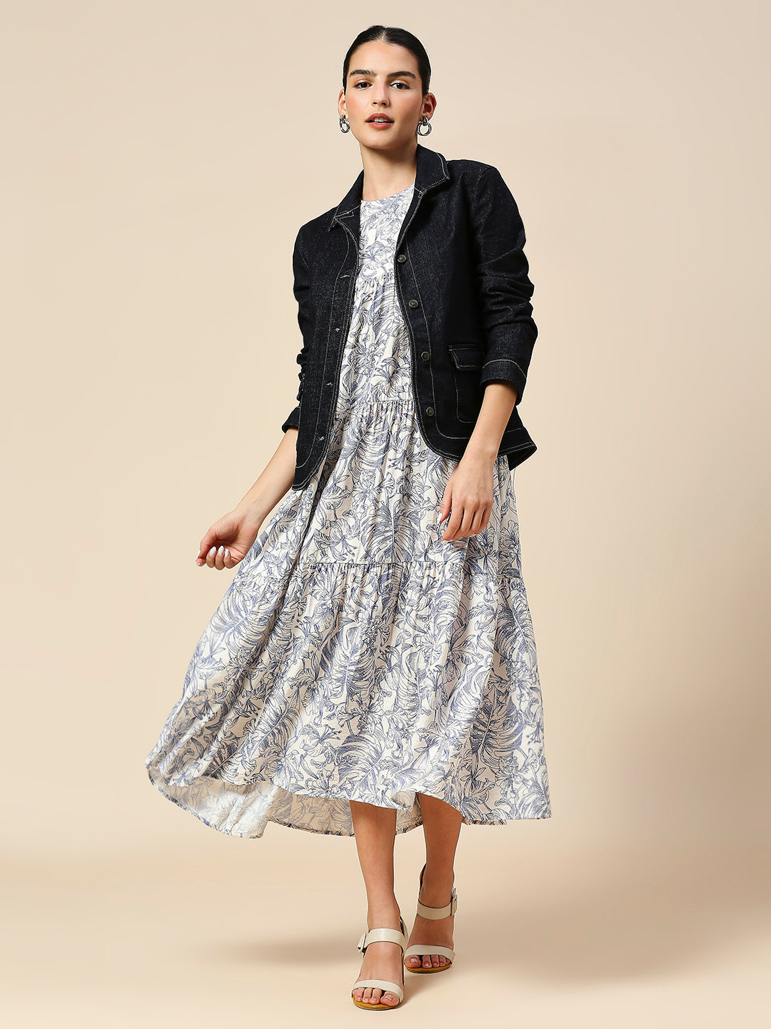 CRUSHED VISCOSE LINE FLORAL PRINTED TIERED DRESS