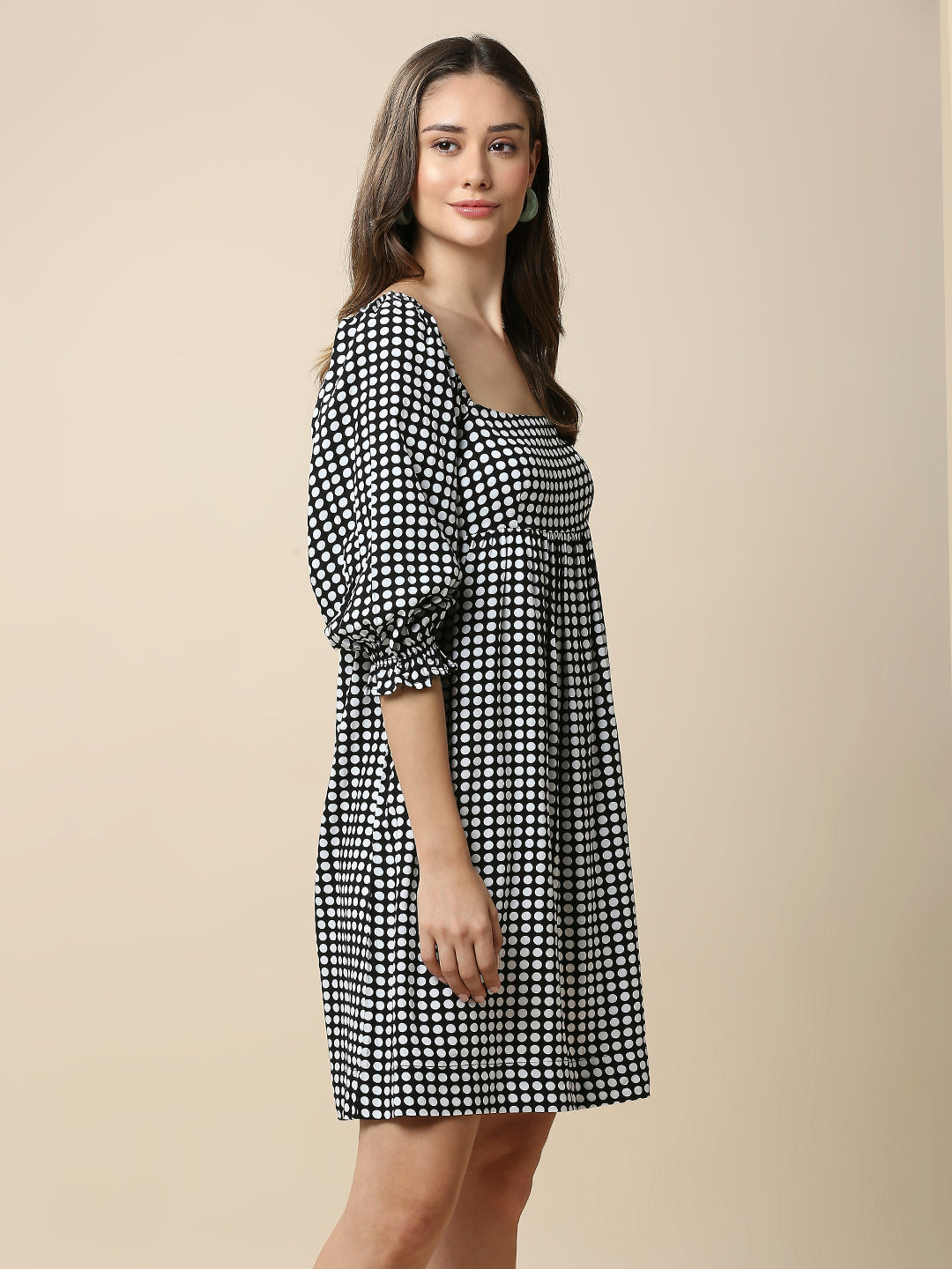 TIC TAC DOT PRINTED VISCOSE SMOCKED DRESS