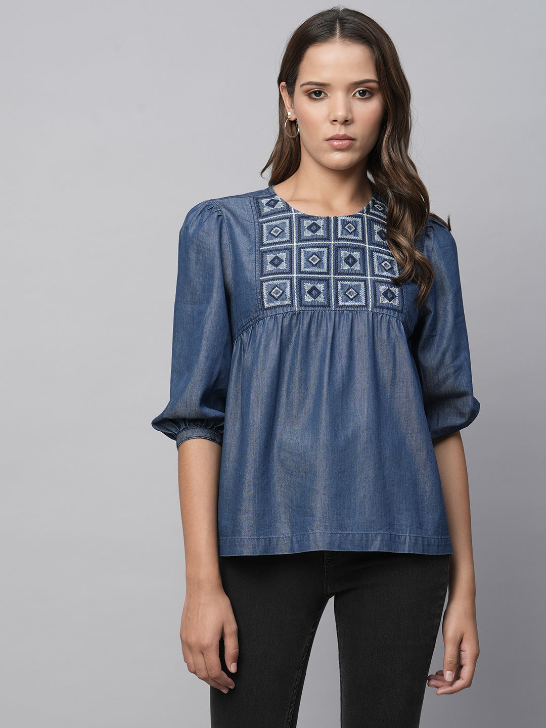 Cross Stitch Embroidered Basque, Cotton Tencel Swing Top