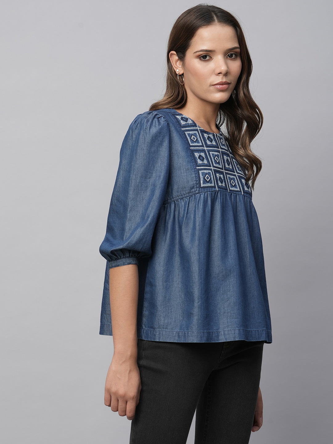 Cross Stitch Embroidered Basque, Cotton Tencel Swing Top