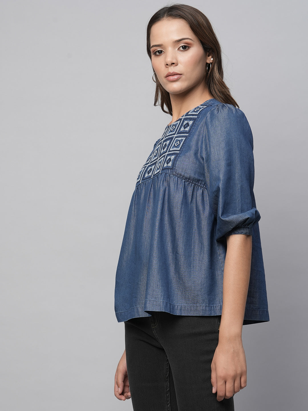 Cross Stitch Embroidered Basque, Cotton Tencel Swing Top