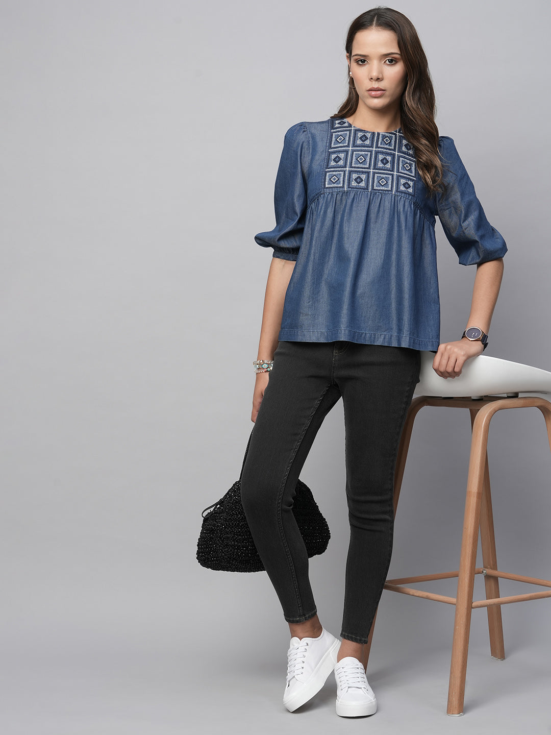 Cross Stitch Embroidered Basque, Cotton Tencel Swing Top