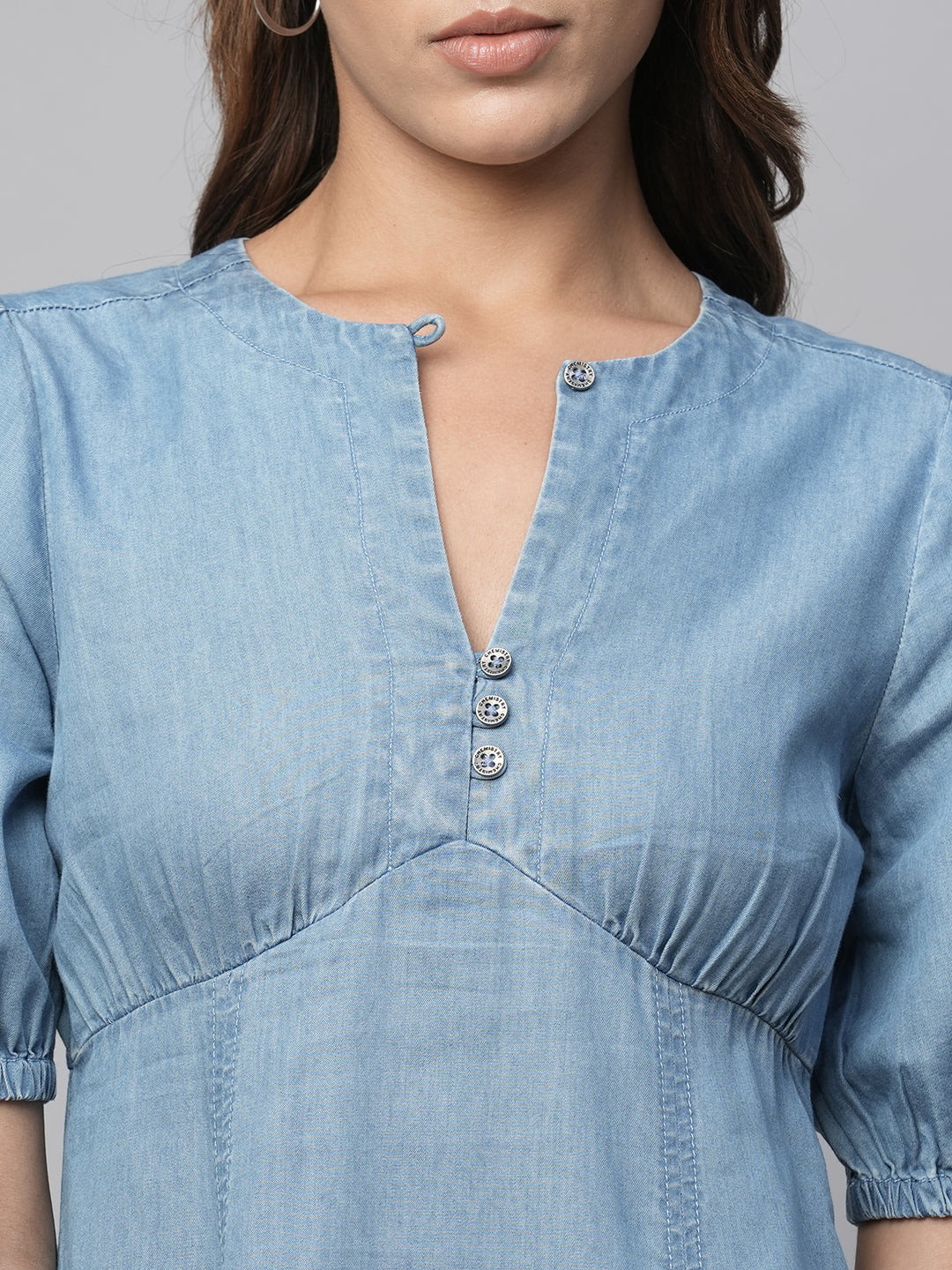 Cotton Tencel Denim gathered Basque Panelled A-Line Dress