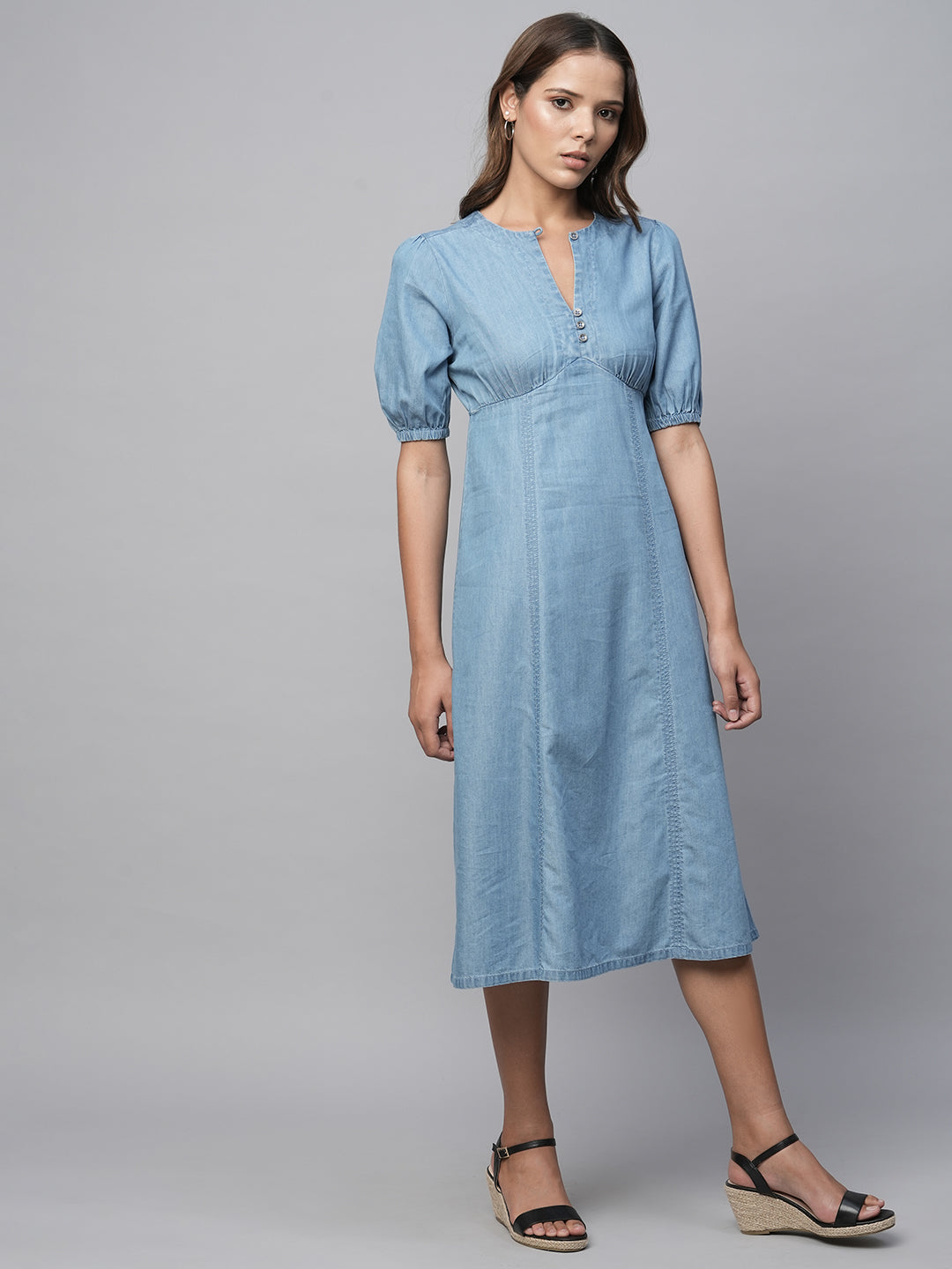 Cotton Tencel Denim gathered Basque Panelled A-Line Dress