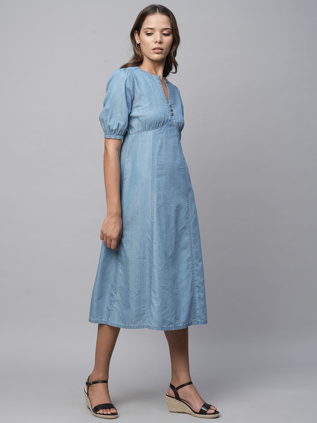 Cotton Tencel Denim gathered Basque Panelled A-Line Dress