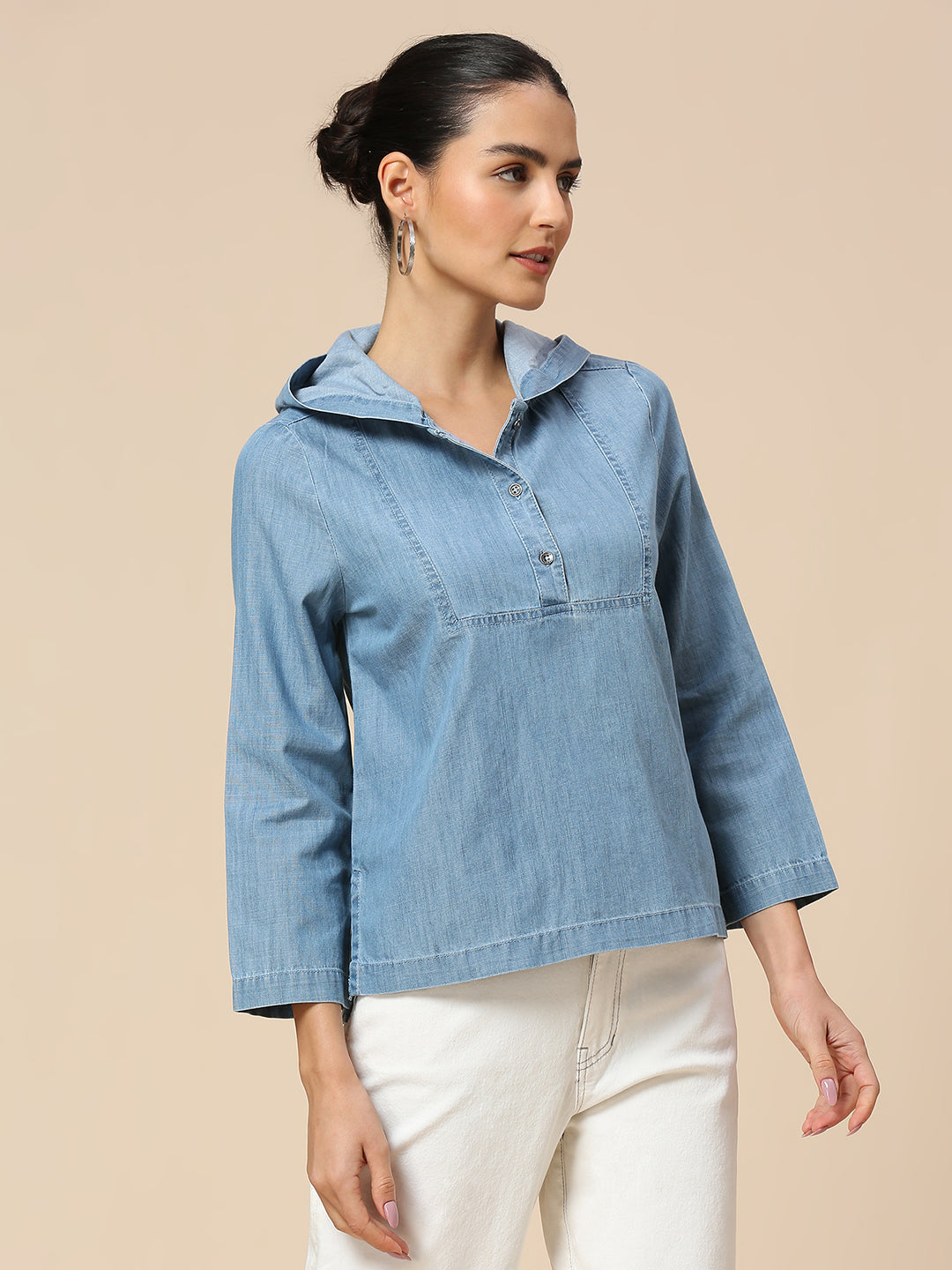Denim Pop Over Hooded Top