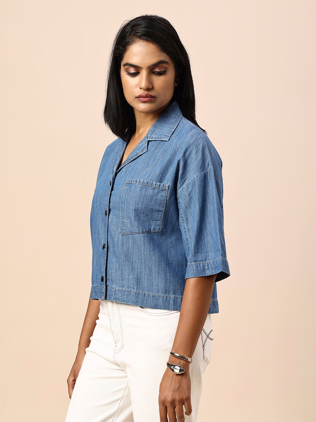 LAPEL COLLAR DROP SHOULDER CROPPED DENIM SHIRT
