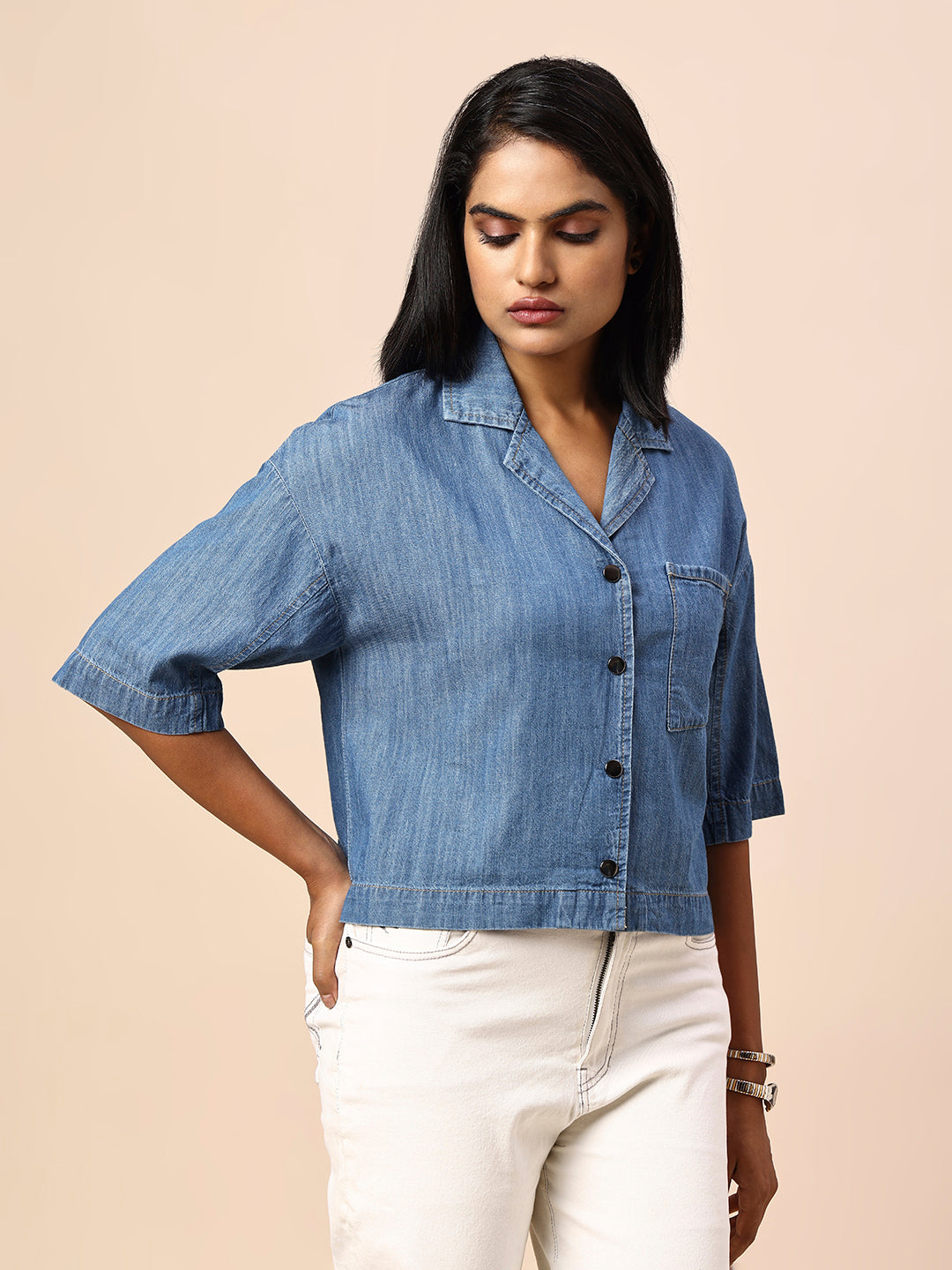 LAPEL COLLAR DROP SHOULDER CROPPED DENIM SHIRT
