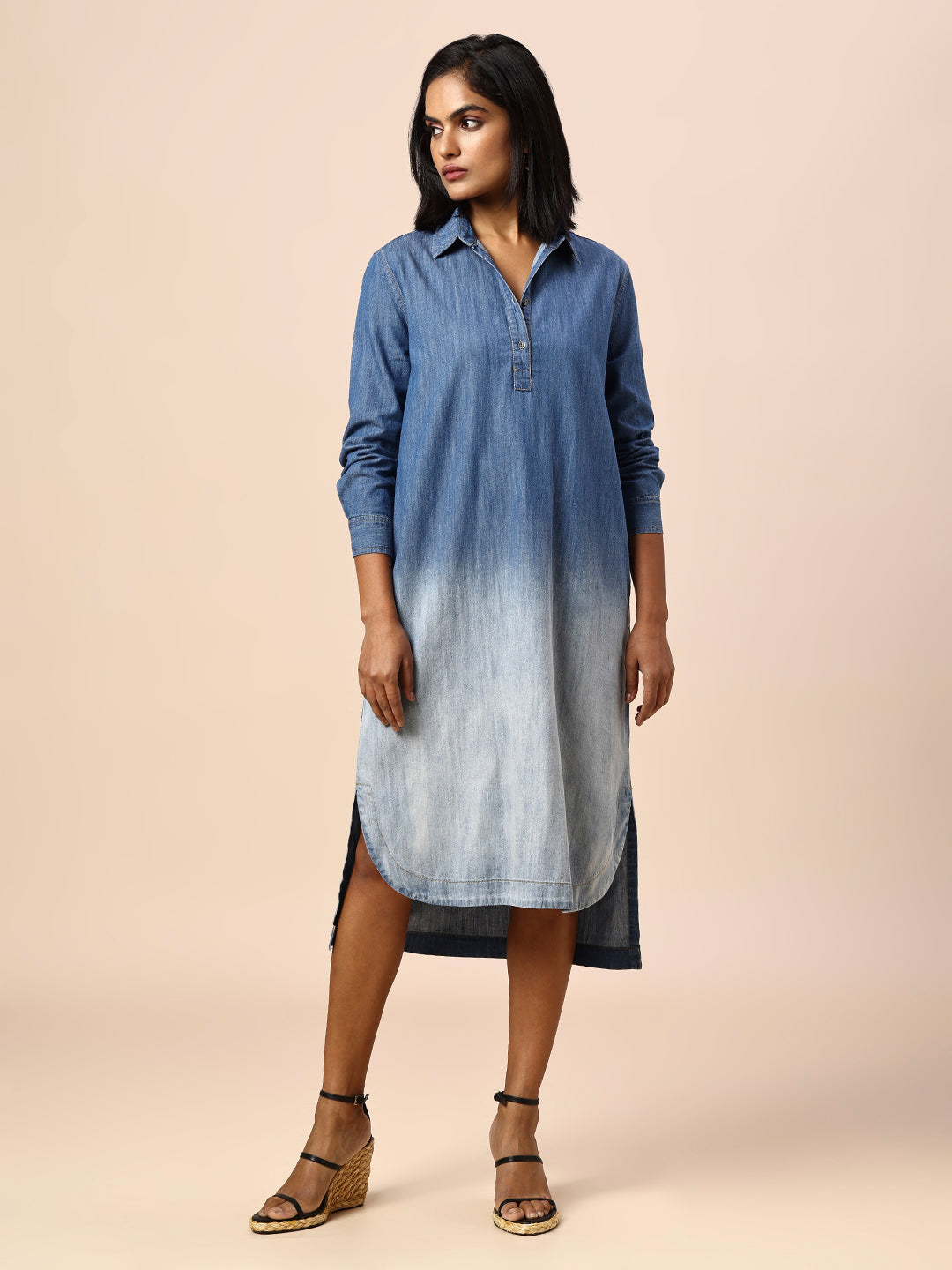 OMBRE WASH DENIM SHIRT DRESS W/ HIGH LOW HEM