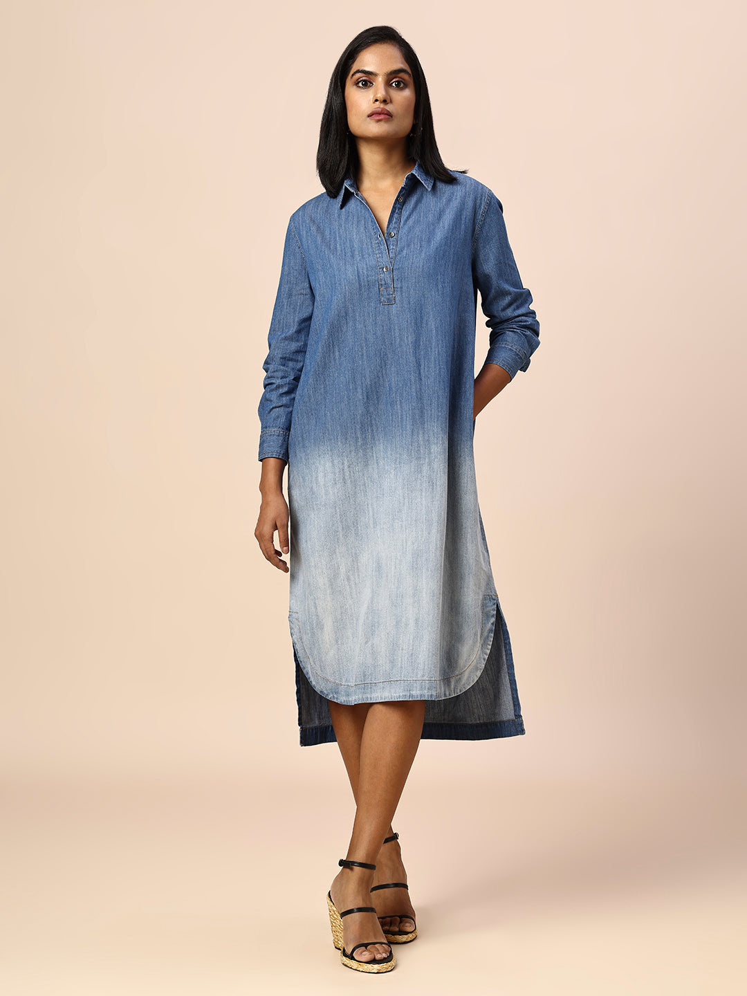 OMBRE WASH DENIM SHIRT DRESS W/ HIGH LOW HEM
