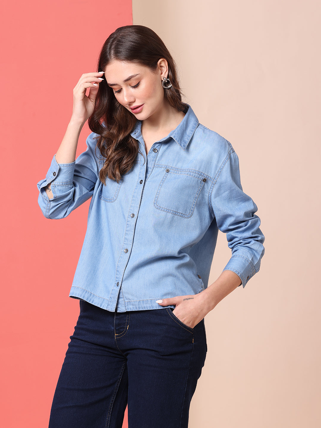 DENIM CROPPED FLUID SHIRT
