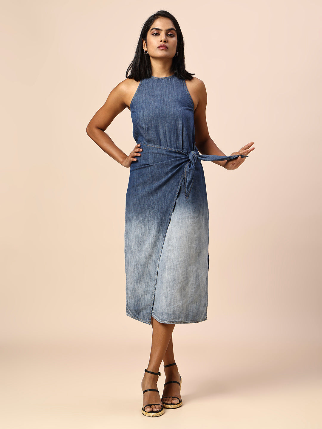 OMBRE WASH DENIM FAUX WRAP SIDE SLIT DRESS