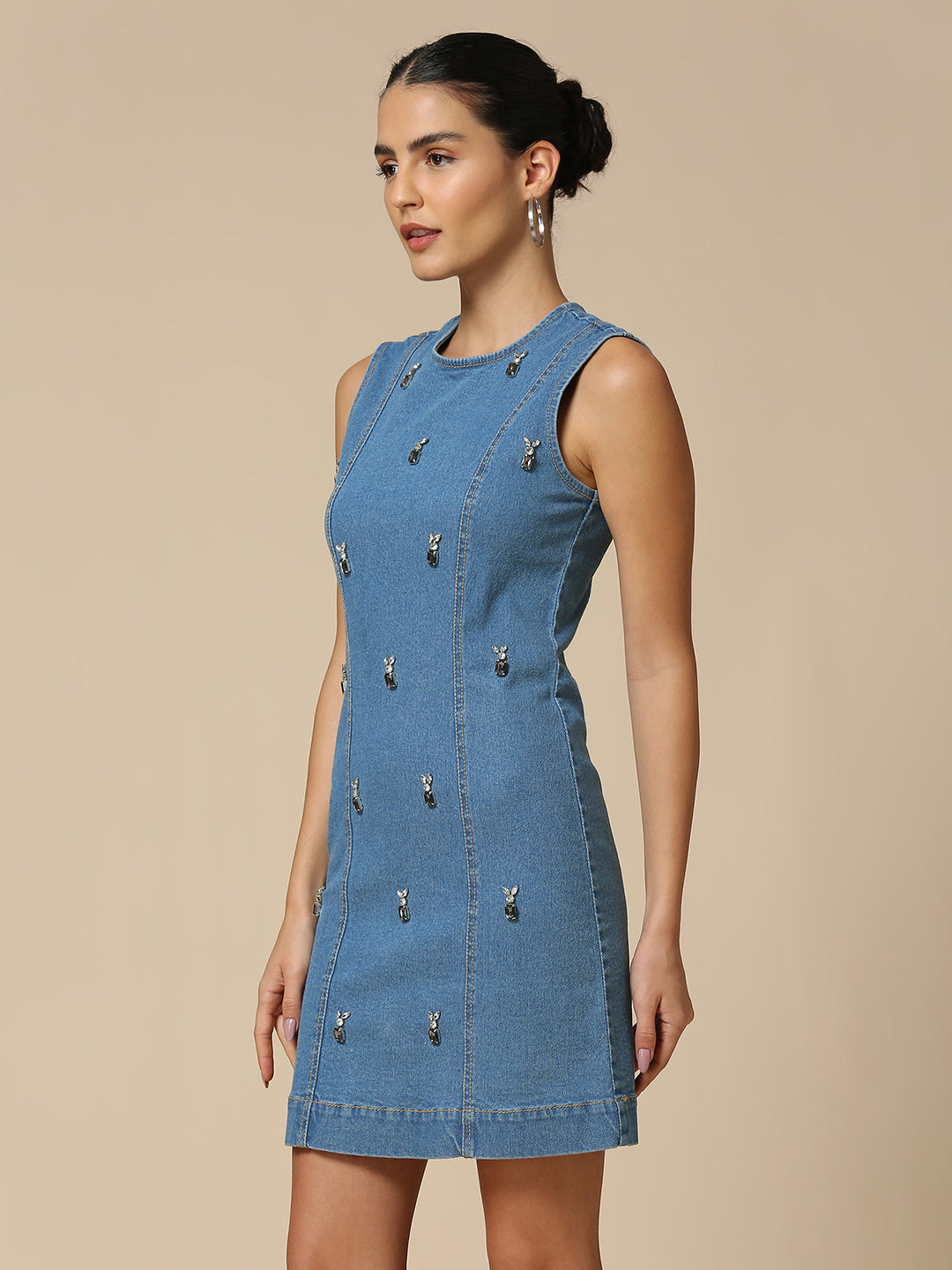 RHINESTONE EMBELLISHED DENIM FITTED MINI DRESS