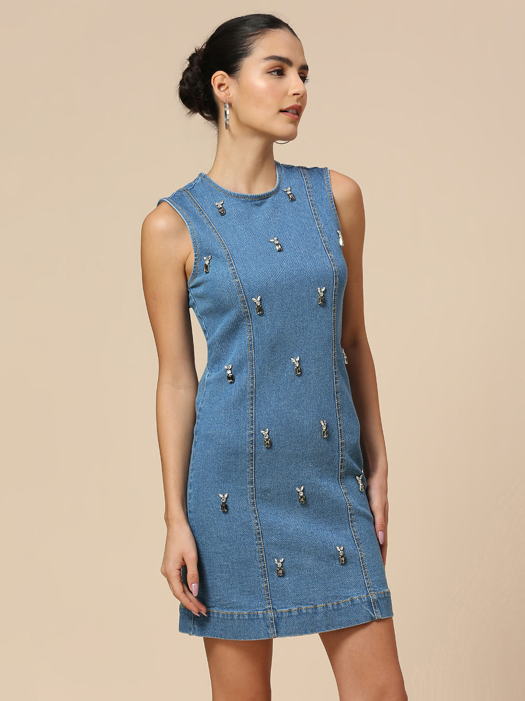 RHINESTONE EMBELLISHED DENIM FITTED MINI DRESS