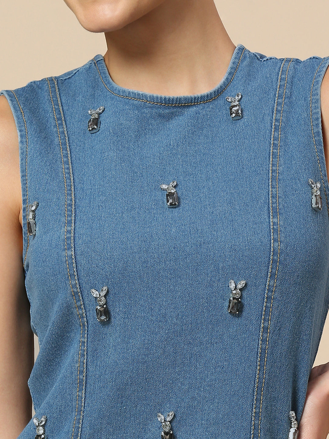 RHINESTONE EMBELLISHED DENIM FITTED MINI DRESS