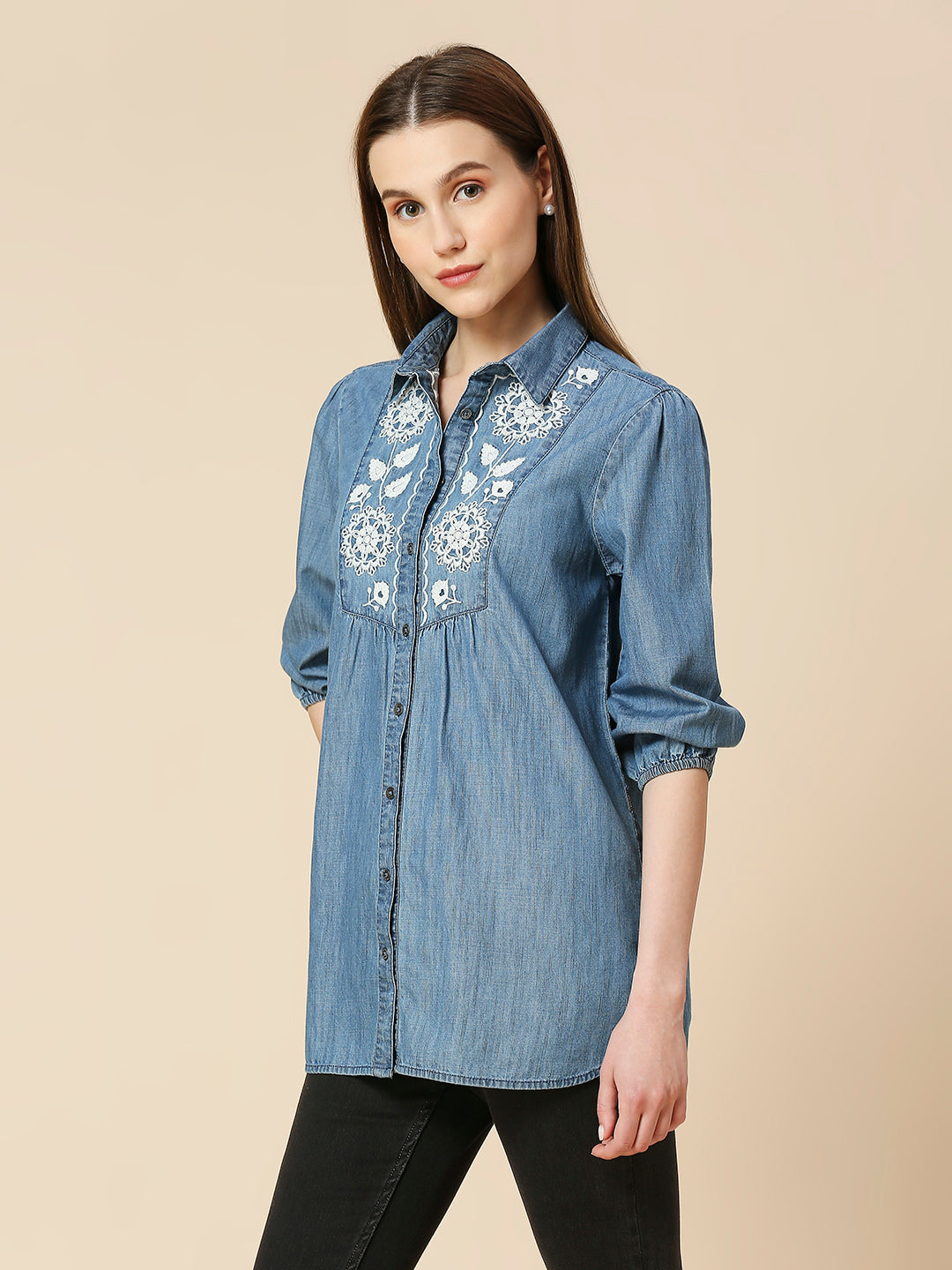 MID WASH DENIM LONGLINE SHIRT WITH INTRICATE LACE LIKE EMBROIDERY