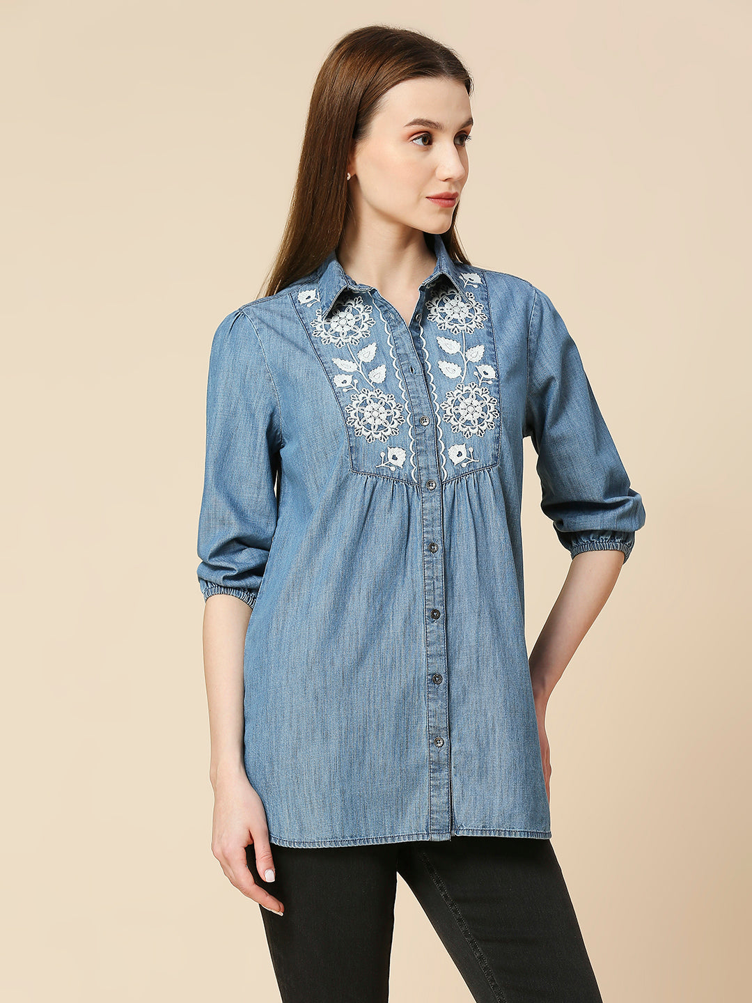 MID WASH DENIM LONGLINE SHIRT WITH INTRICATE LACE LIKE EMBROIDERY