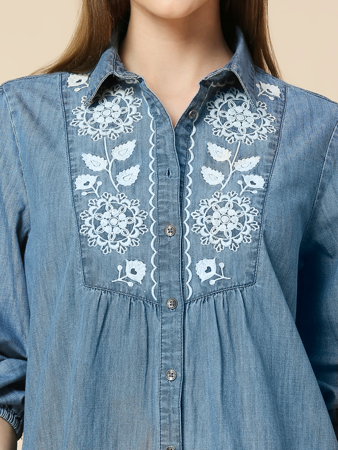 MID WASH DENIM LONGLINE SHIRT WITH INTRICATE LACE LIKE EMBROIDERY