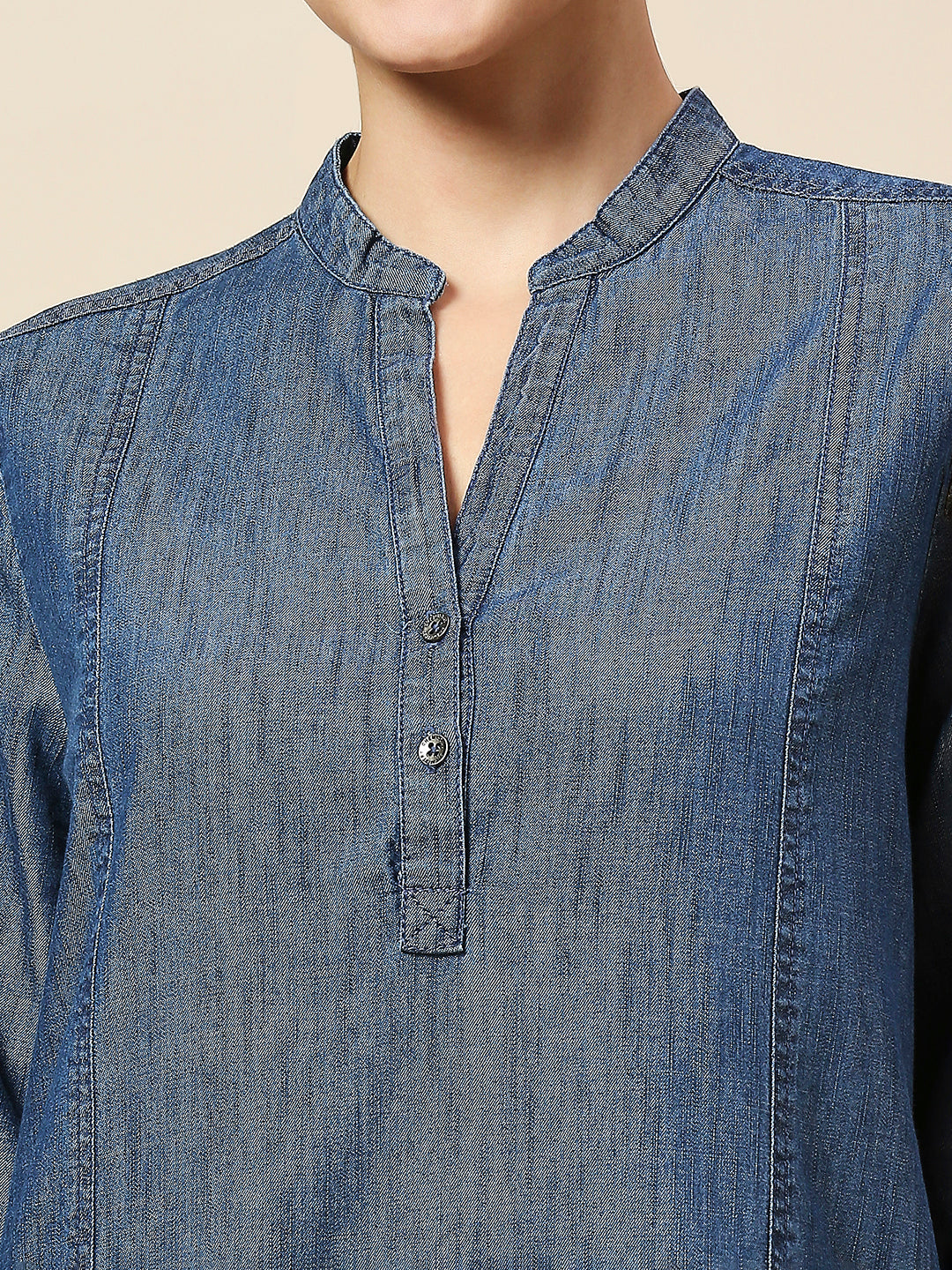 MID WASH DENIM POP OVER SHIRT DRESS WITH A HIGH - LOW HEMLINE