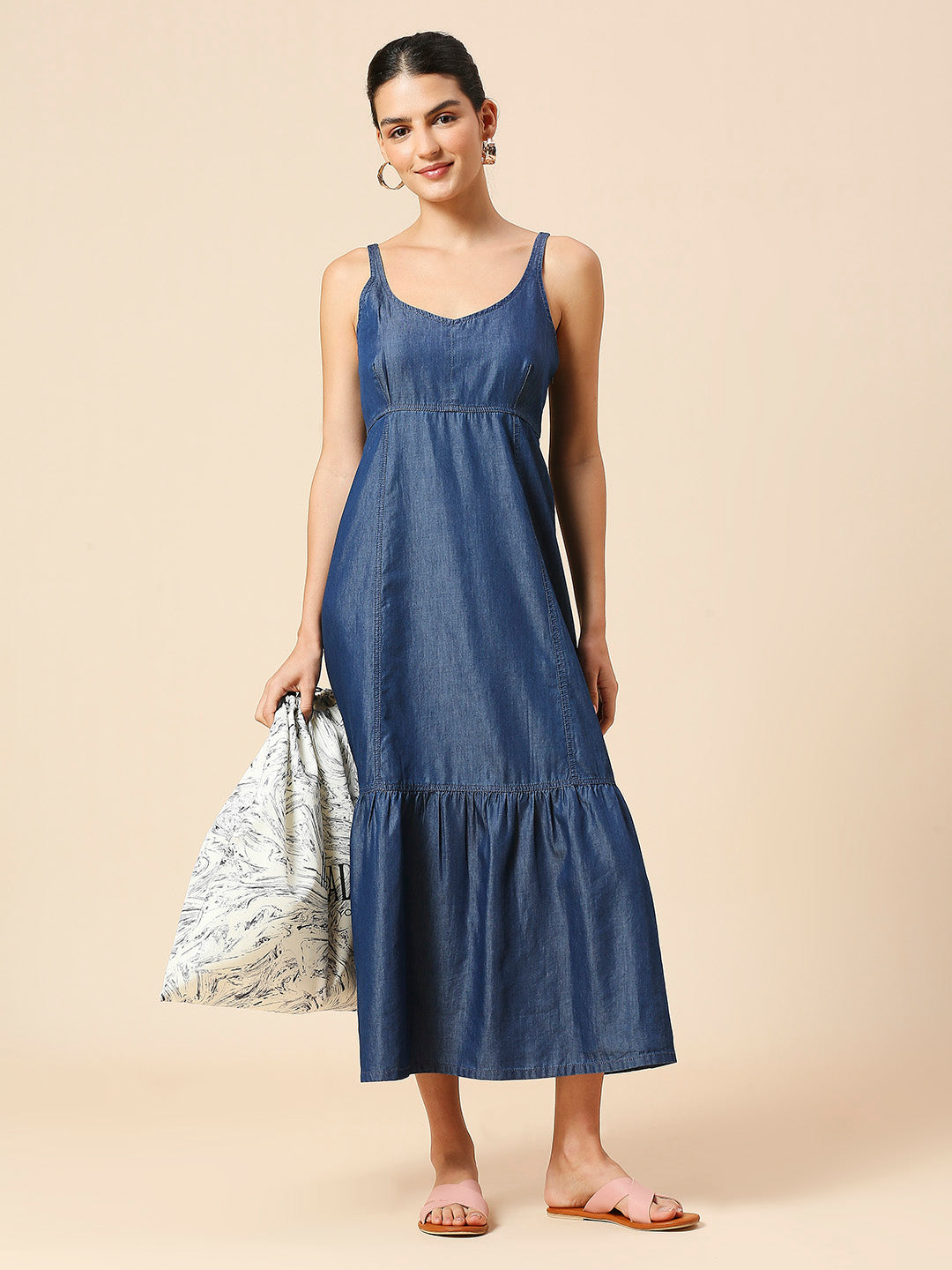 LIGHT WEIGHT DENIM EMPIRE LINE TIERED DRESS
